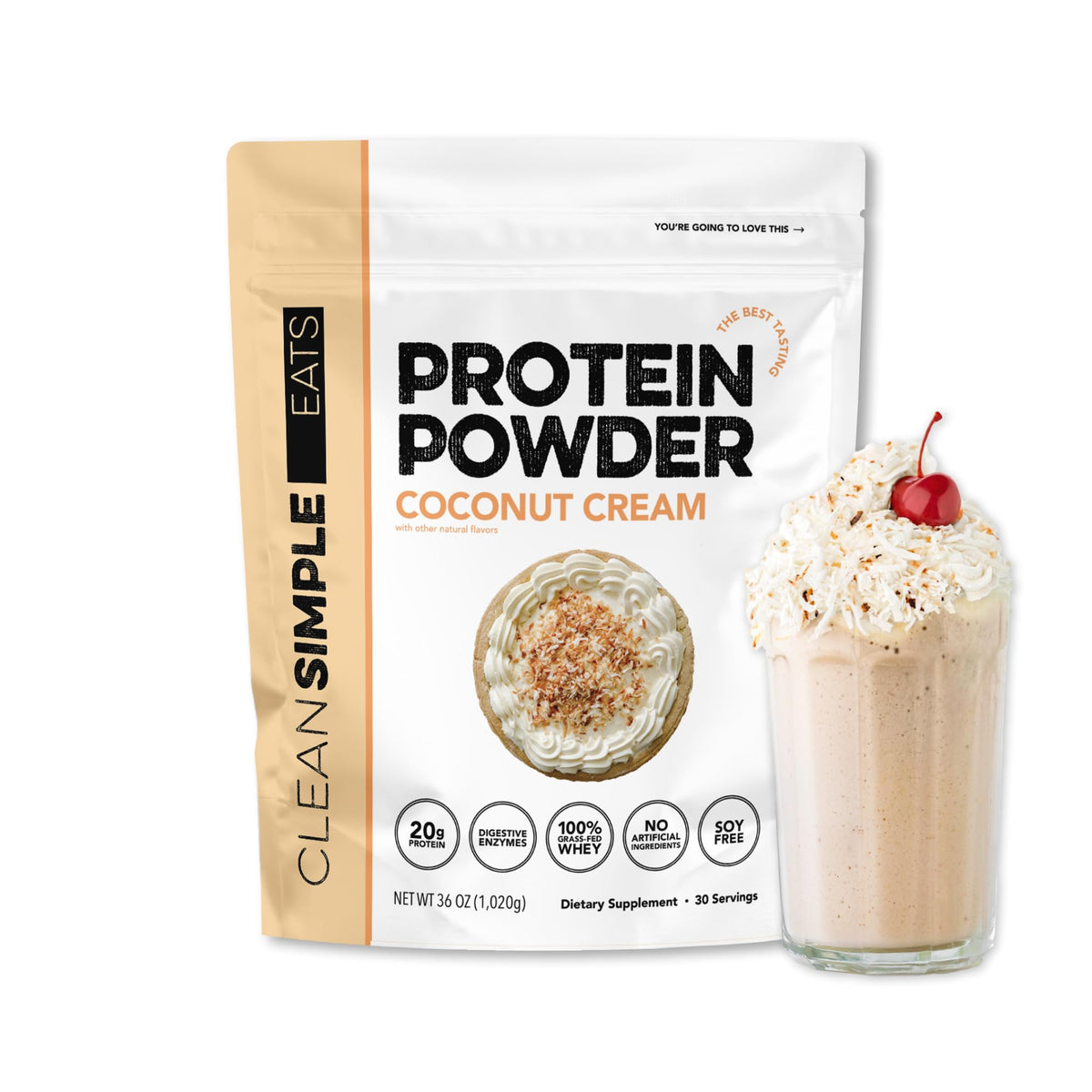Proteína Clean Simple Eats crema de coco lista para mezclas deliciosas y nutritivas.