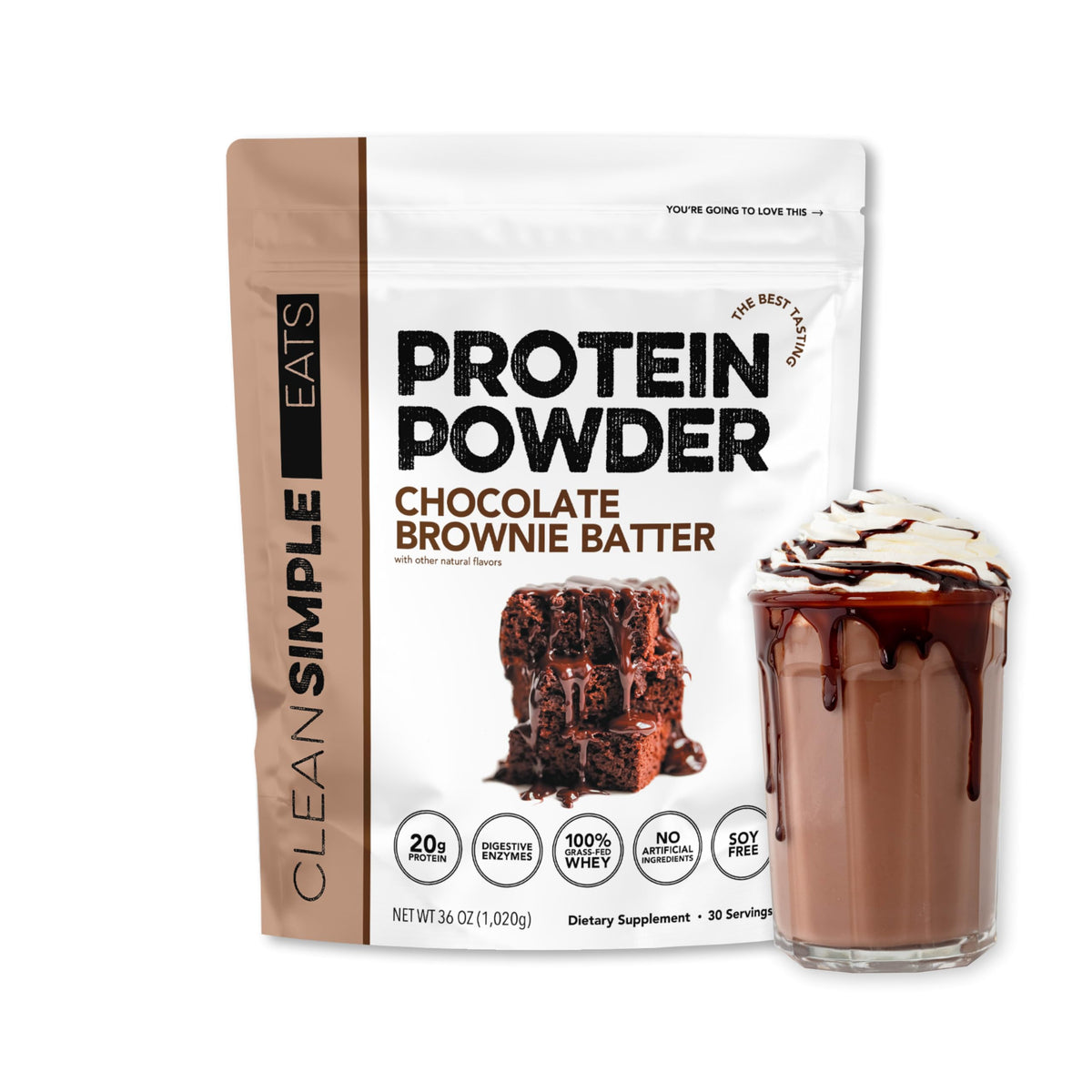 Clean Simple Eats: empaque frontal del polvo de proteína, sabor Chocolate Brownie Batter, ideal para empezar el día