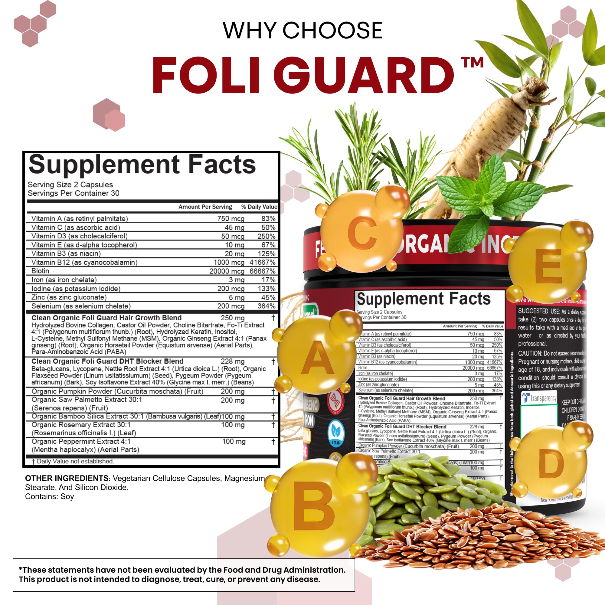 Clean Nutraceuticals Foli Guard, semillas de calabaza, nutrición para el cabello.