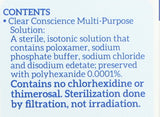Clear Conscience enjuague y desinfección de lentes para cuidado diario.