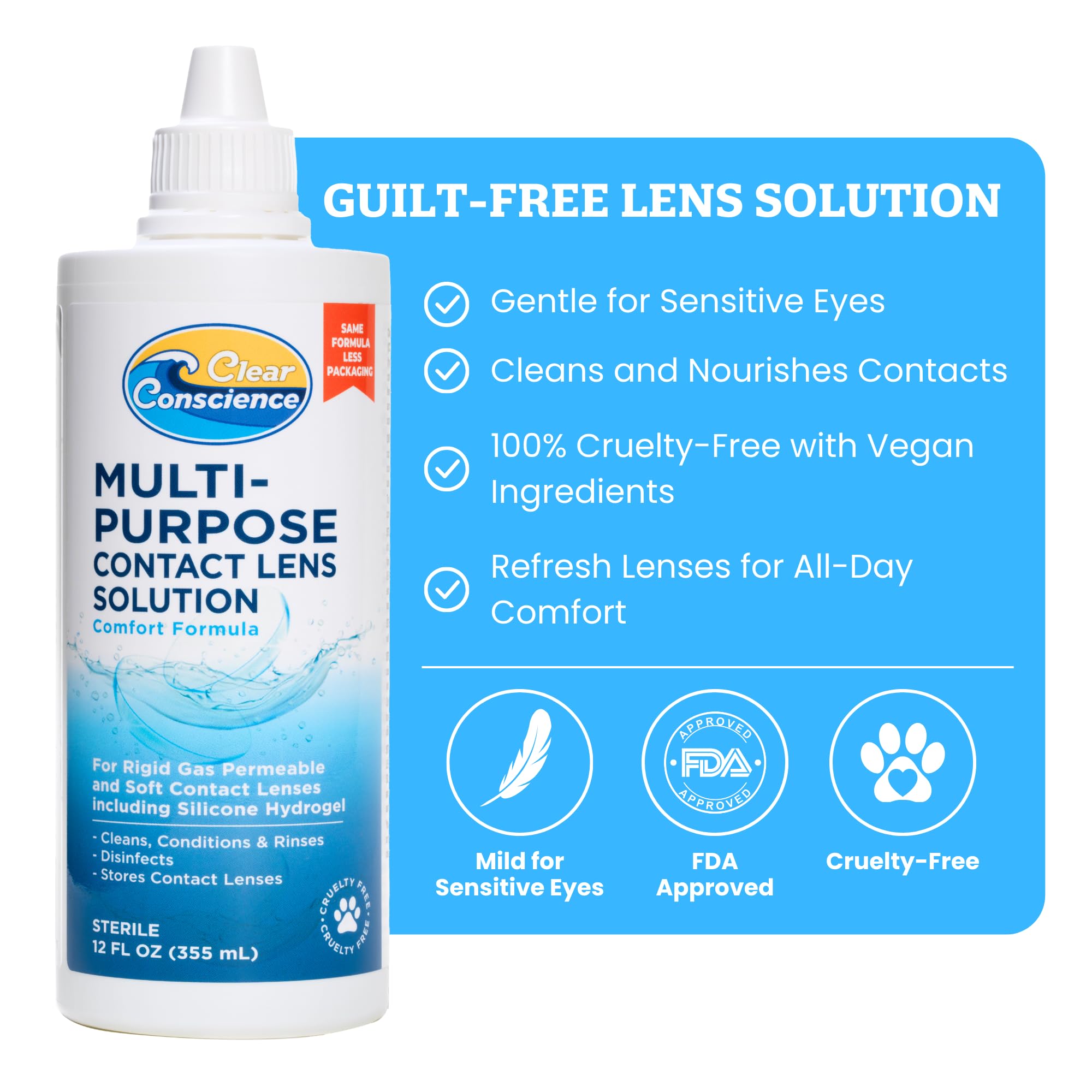 Clear Conscience: vertido controlado de solución para lentes, ideal para limpieza diaria.