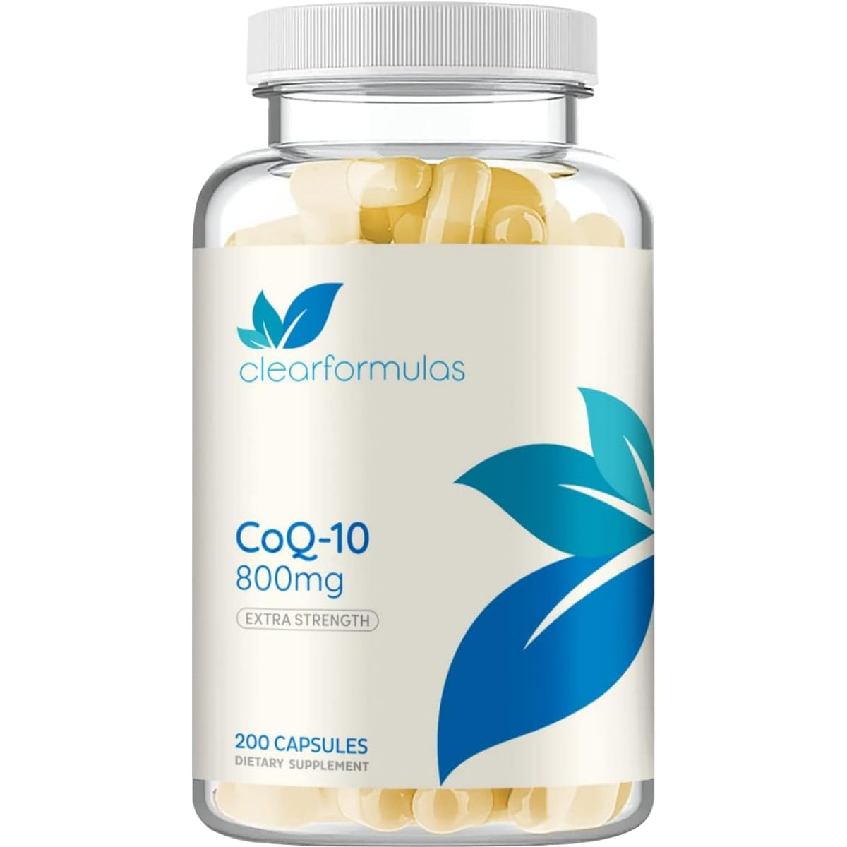 Clear Formulas CoQ10 800 mg, botella visible, apoyo a la energía diaria.