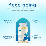 Detalle de cápsula CoQ10 400 mg, fácil de tragar.