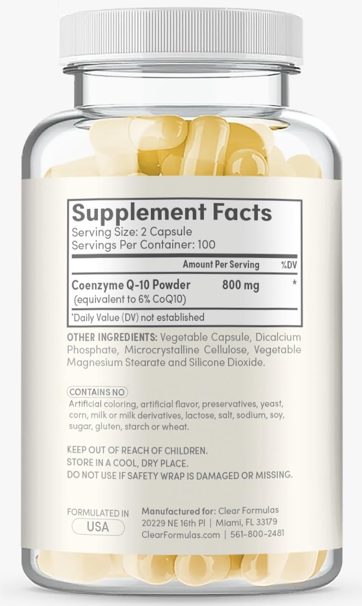 Etiqueta de Clear Formulas CoQ10 800 mg, lectura clara y confiable.