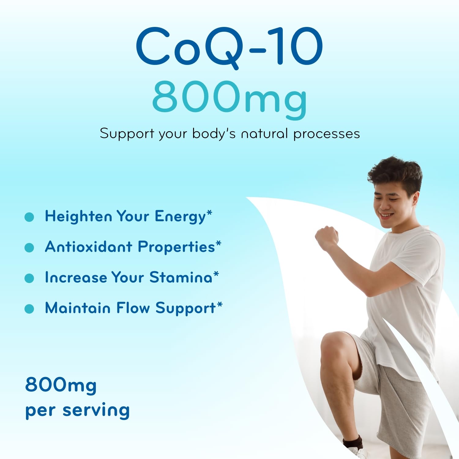 Clear Formulas CoQ10 800 mg, cápsulas en mano para uso diario.