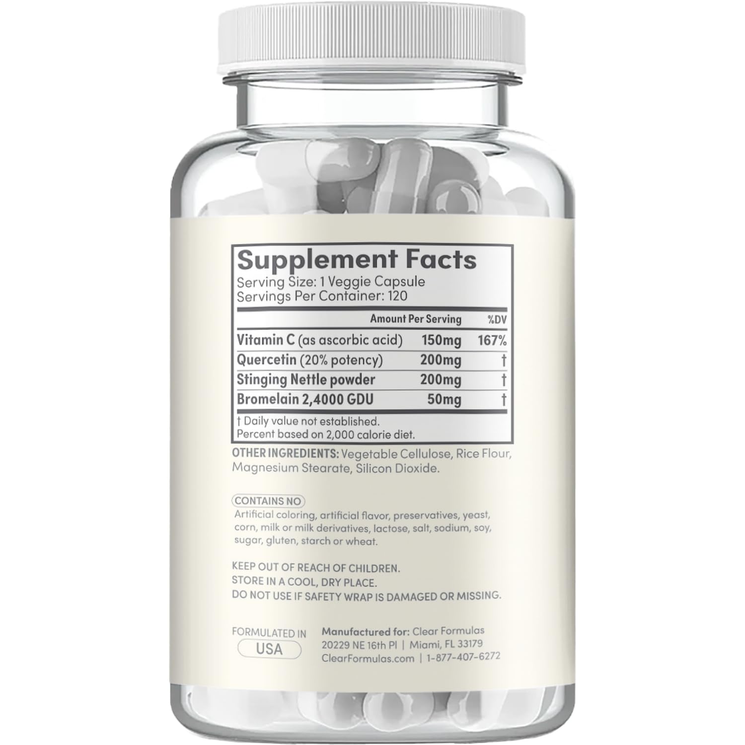 Clear Formulas Histamine Guard vitamina C y quercetina para antioxidante suave.