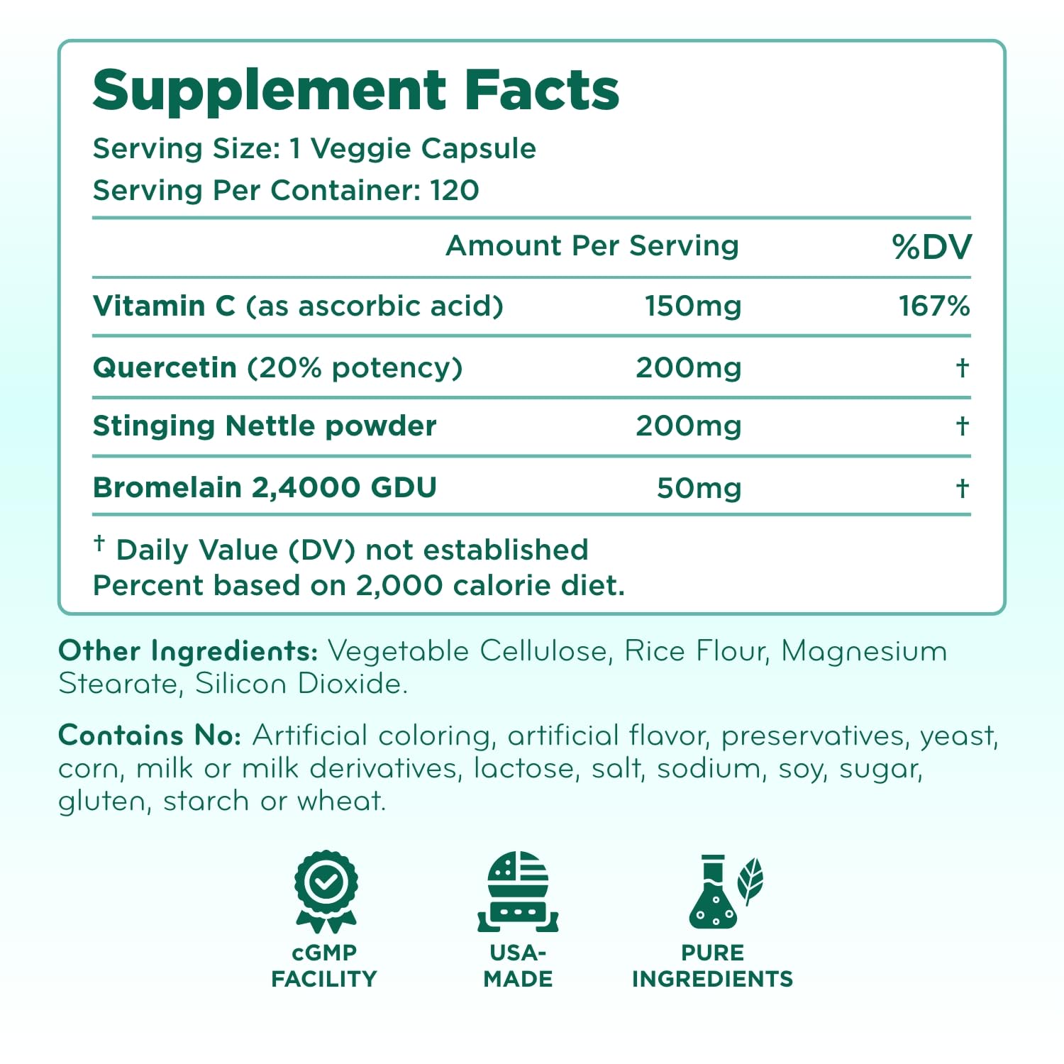 Clear Formulas Histamine Guard etiqueta informativa sobre ingredientes y uso.