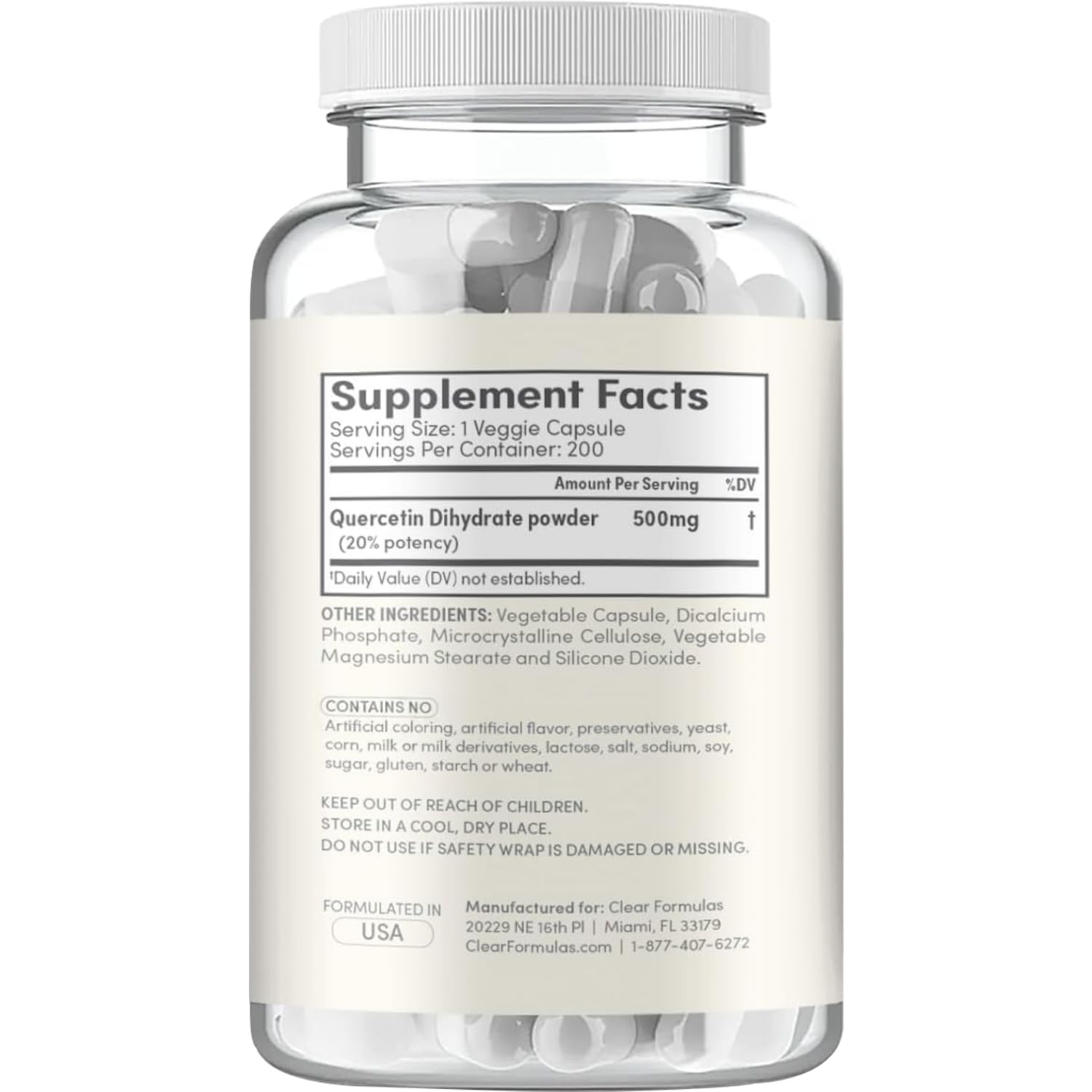 Clear Formulas Quercetina 500 mg, frasco detalle, mejor absorción