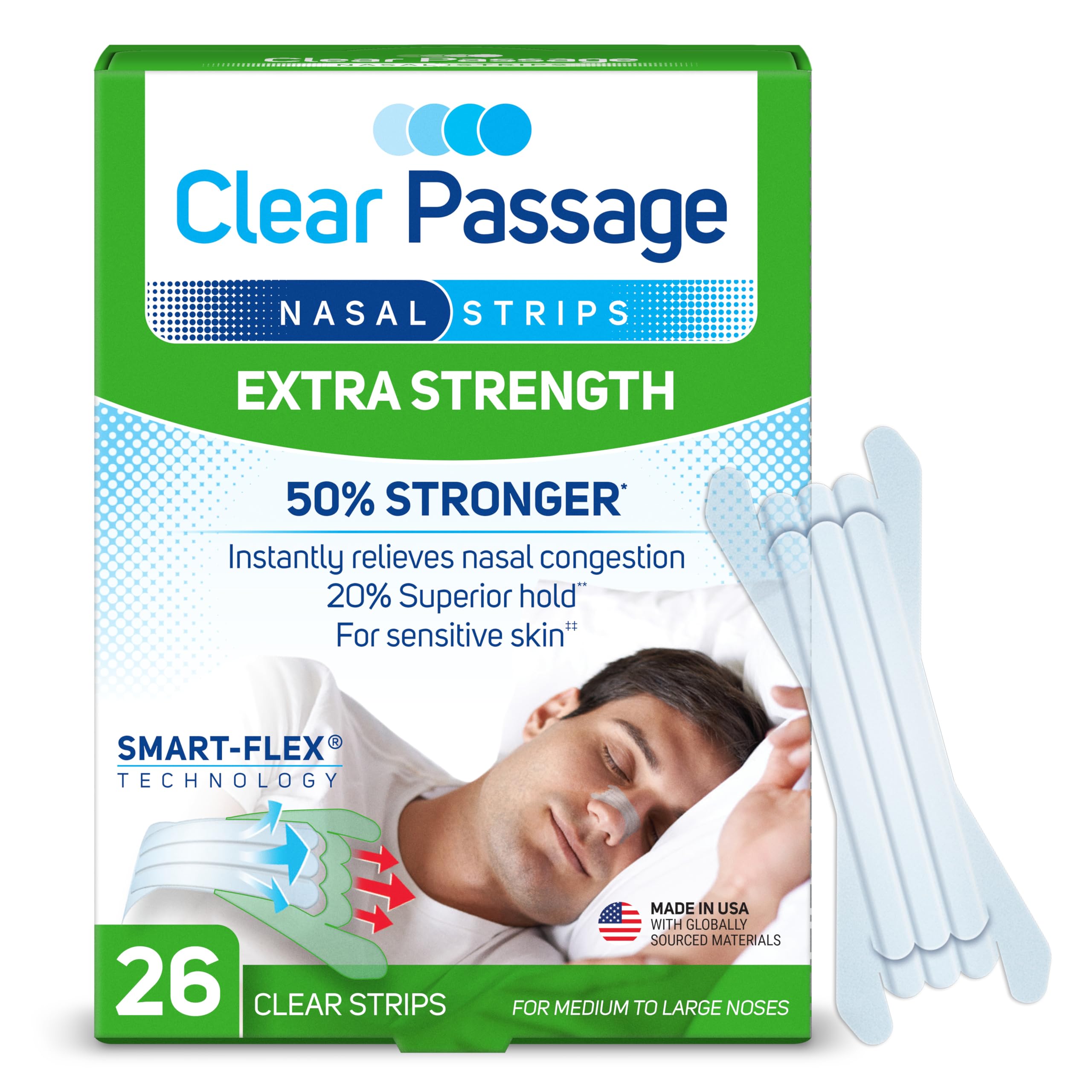 Clear Passage tira nasal extra-fuerza sobre el puente para dormir mejor.