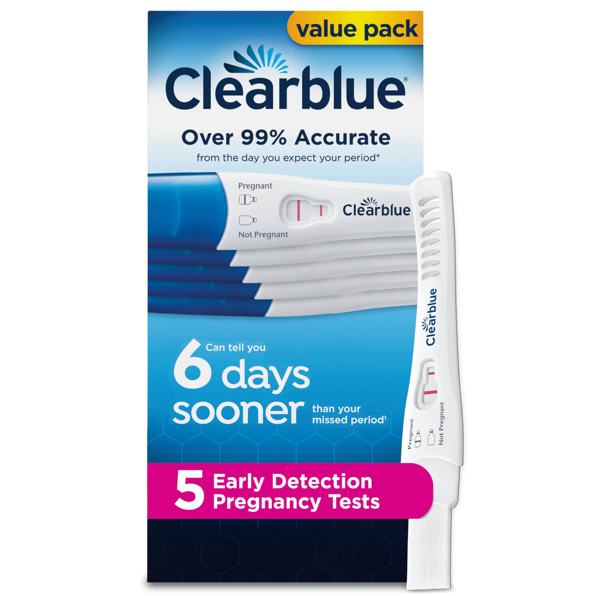 Clearblue: empaque de 5 pruebas, detección temprana para mayor tranquilidad.