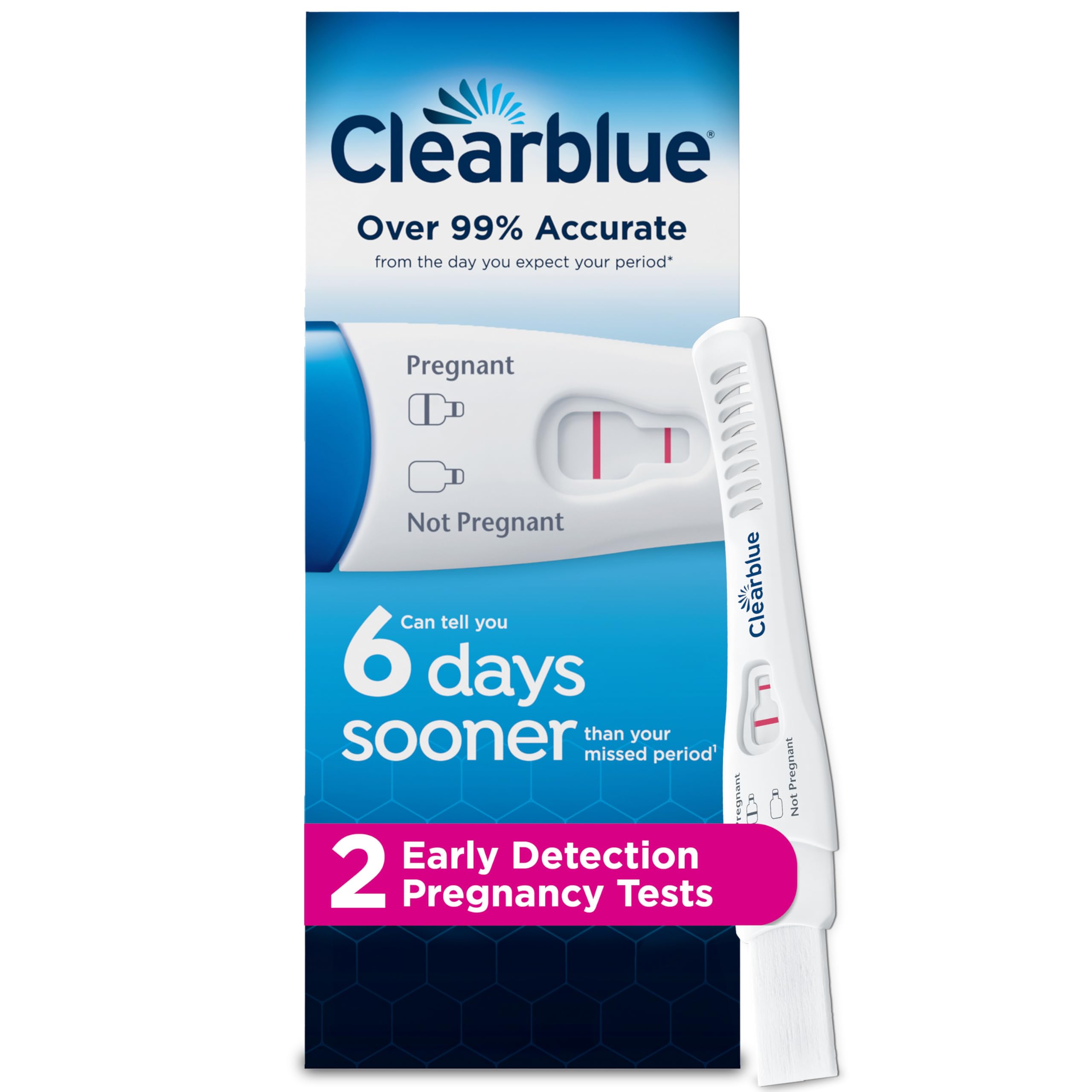 Clearblue prueba de embarazo con dos unidades, detección temprana disponible para planificar.