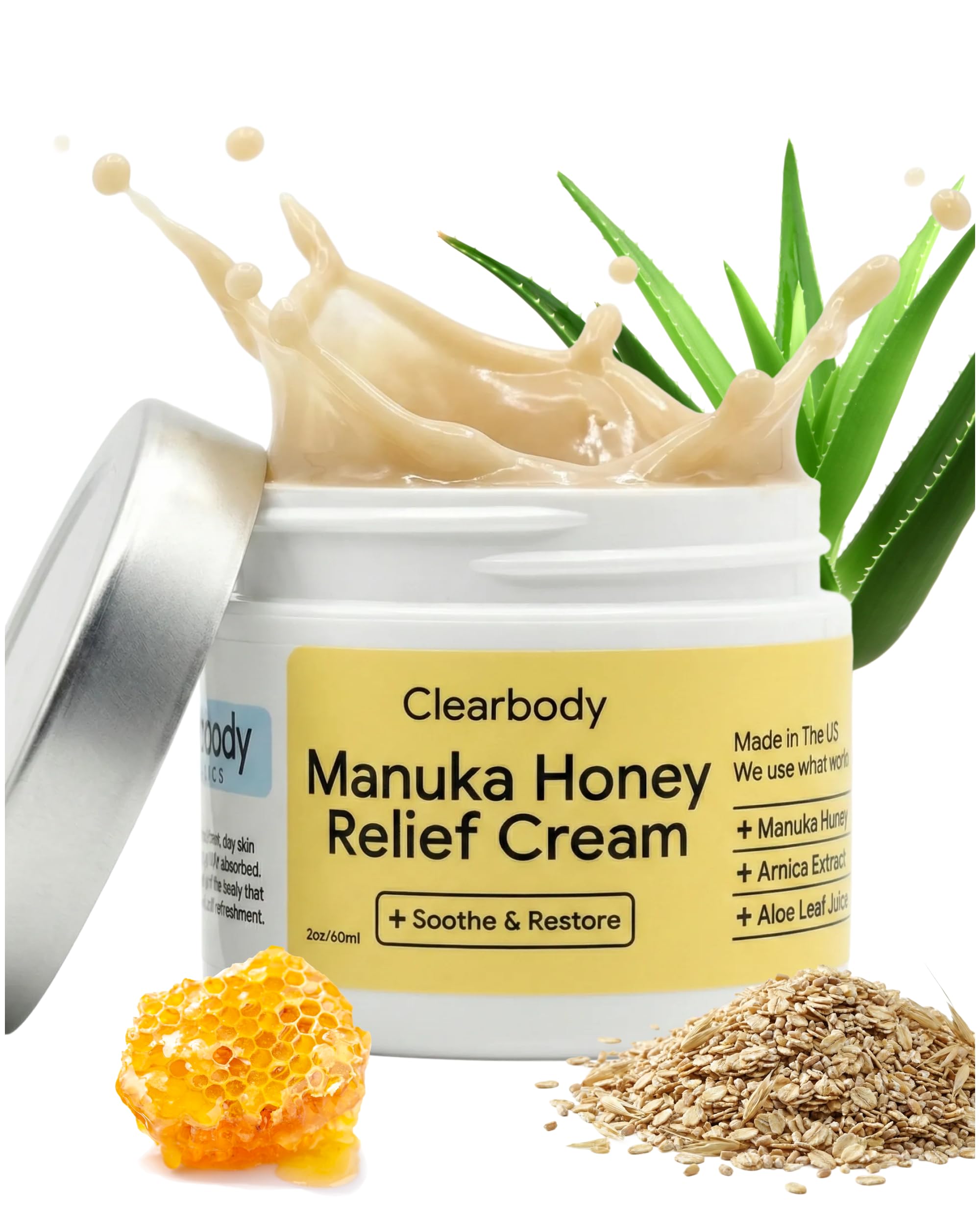 Clearbody Organics Manuka crema en bote, hidratación profunda para piel seca.