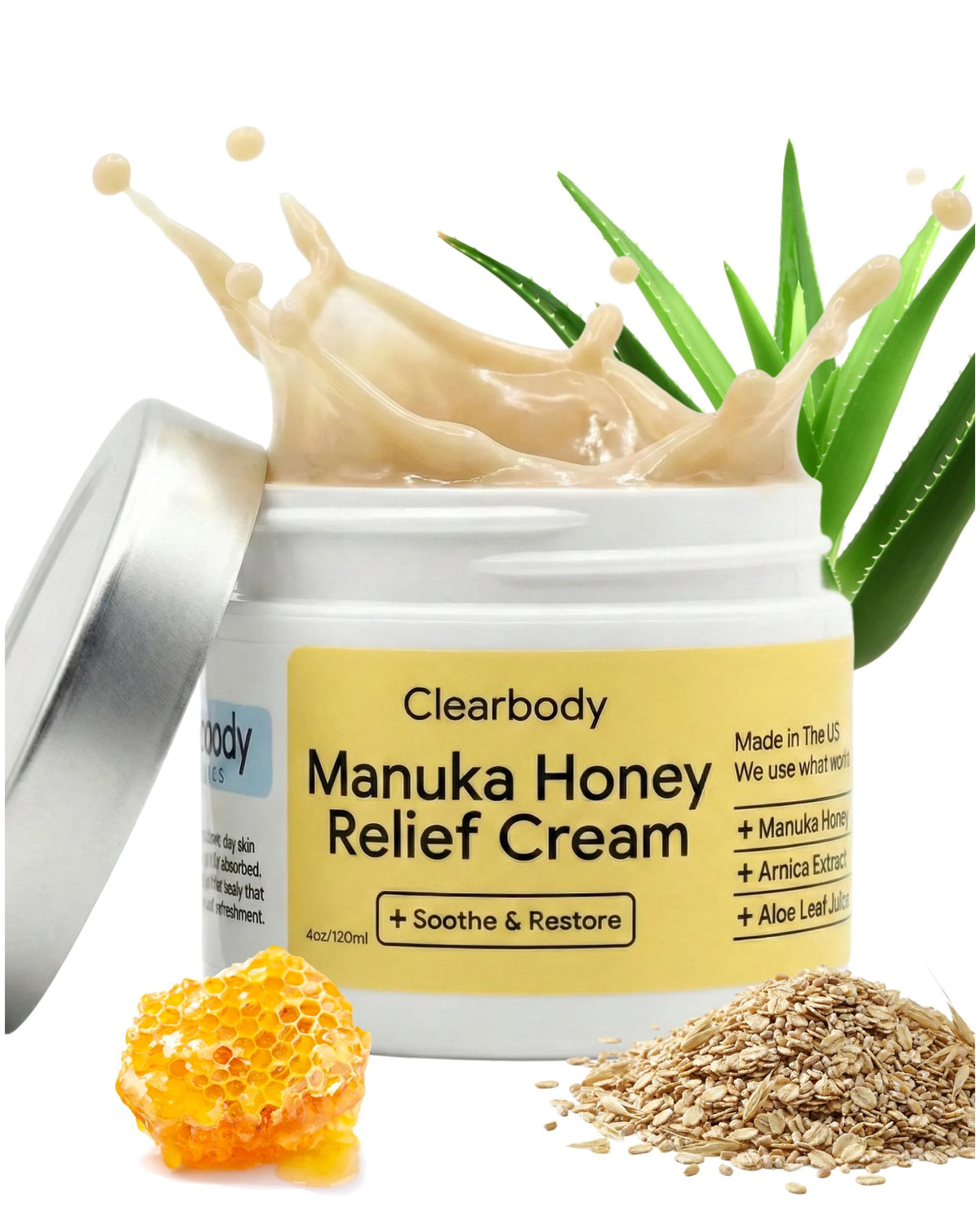Clearbody Organics Manuka Honey Cream en tubo para aplicación suave y calmante.