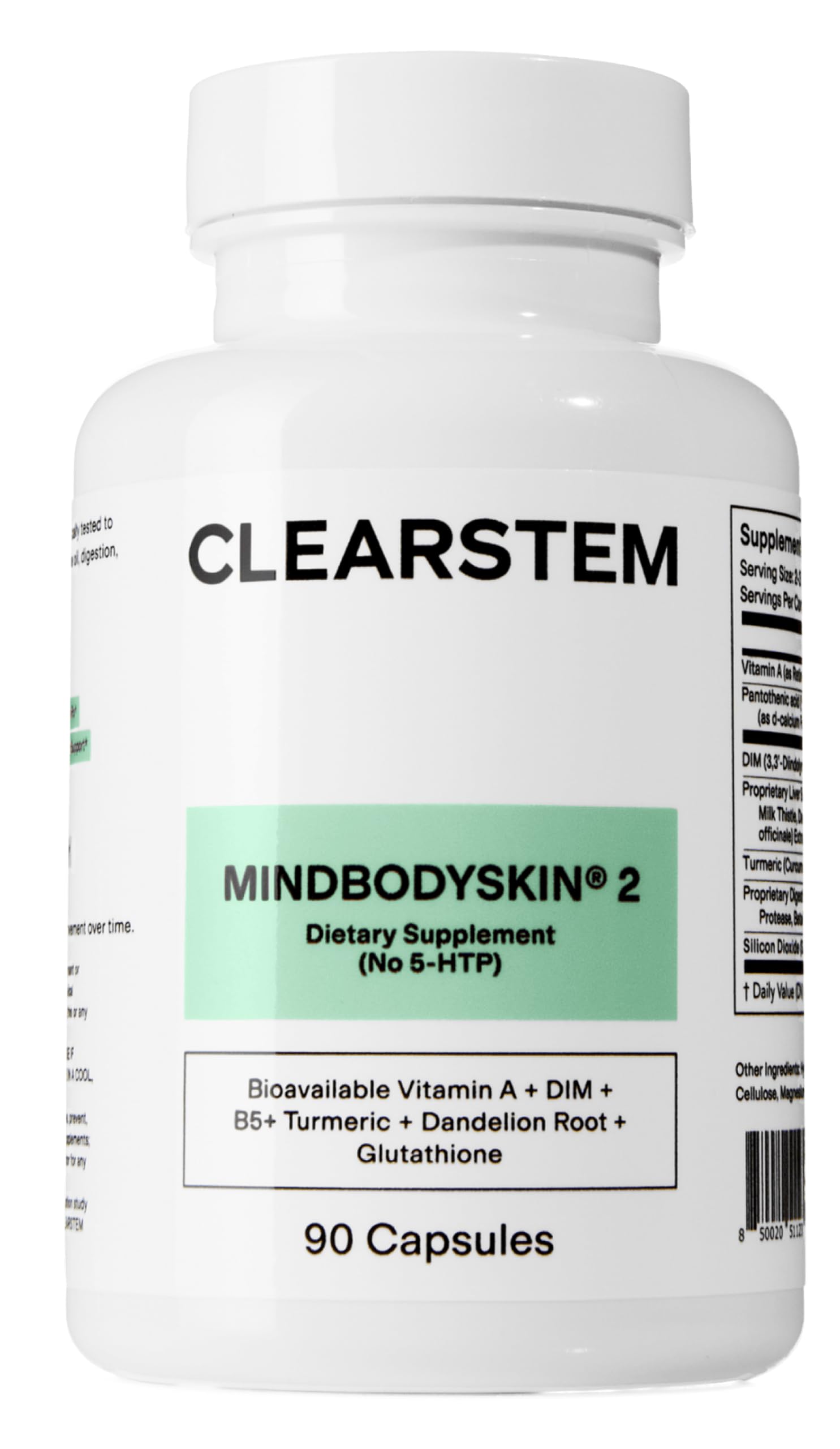 Cápsulas CLEARSTEM MINDBODYSKIN visibles para equilibrio hormonal y piel clara.