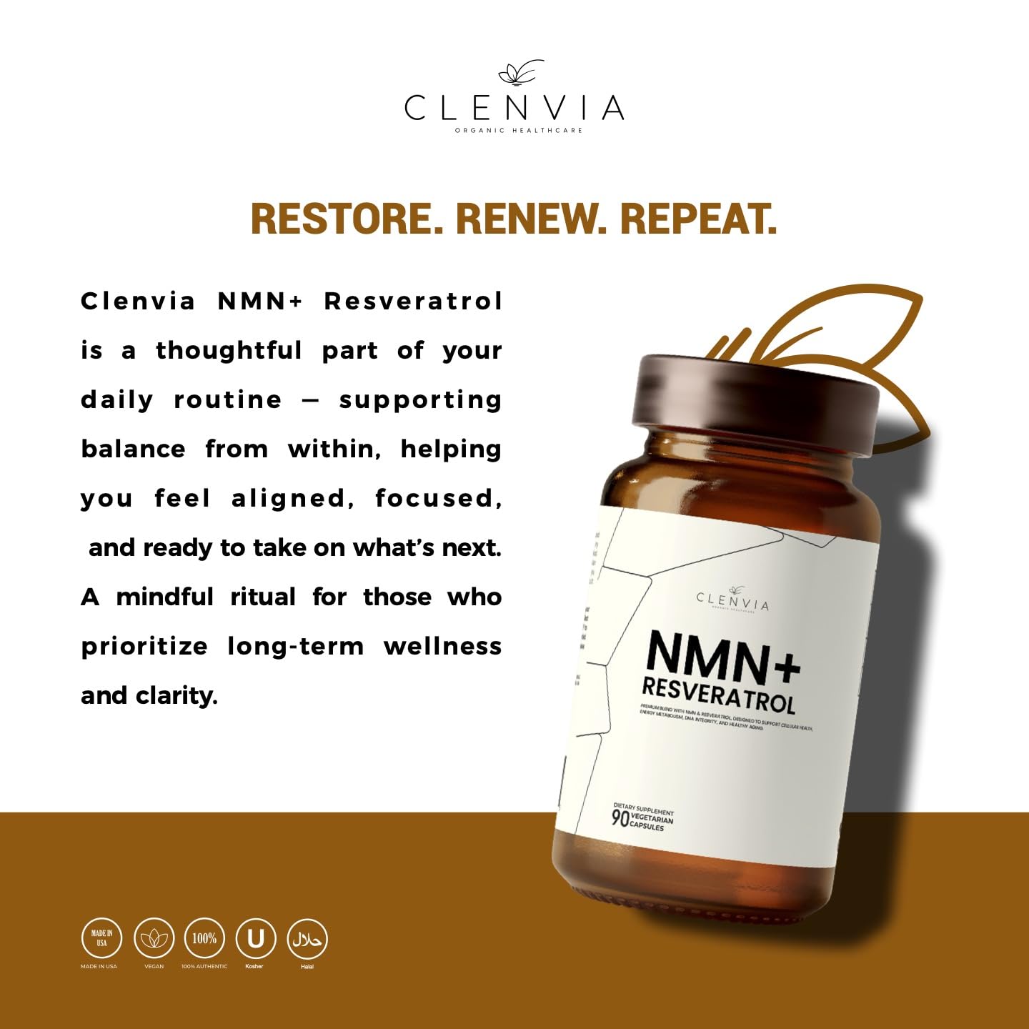 CLENVIA Premium NMN Resveratrol cápsulas veganas libres de alérgenos.