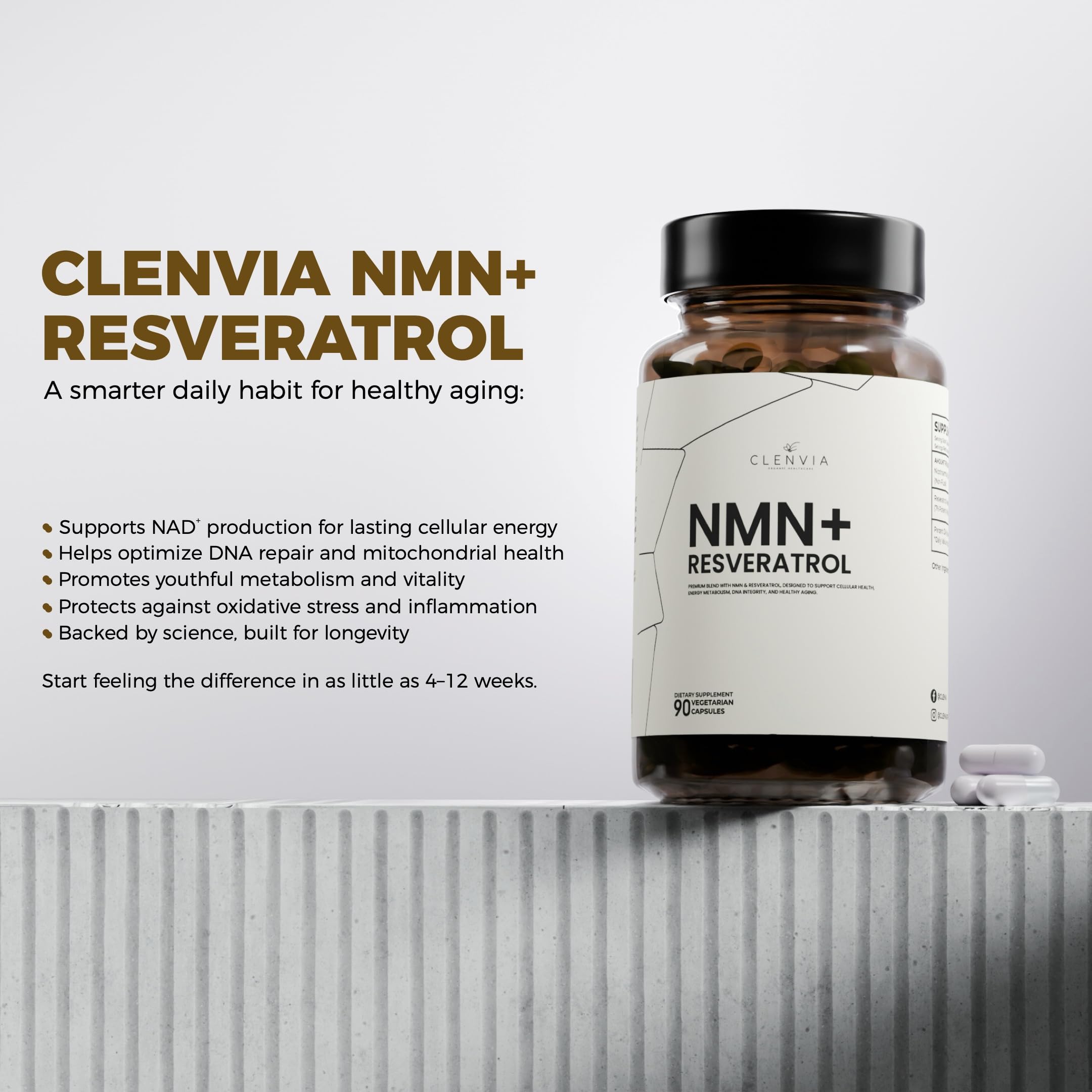 CLENVIA Premium NMN Resveratrol envase-caja para almacenamiento limpio.