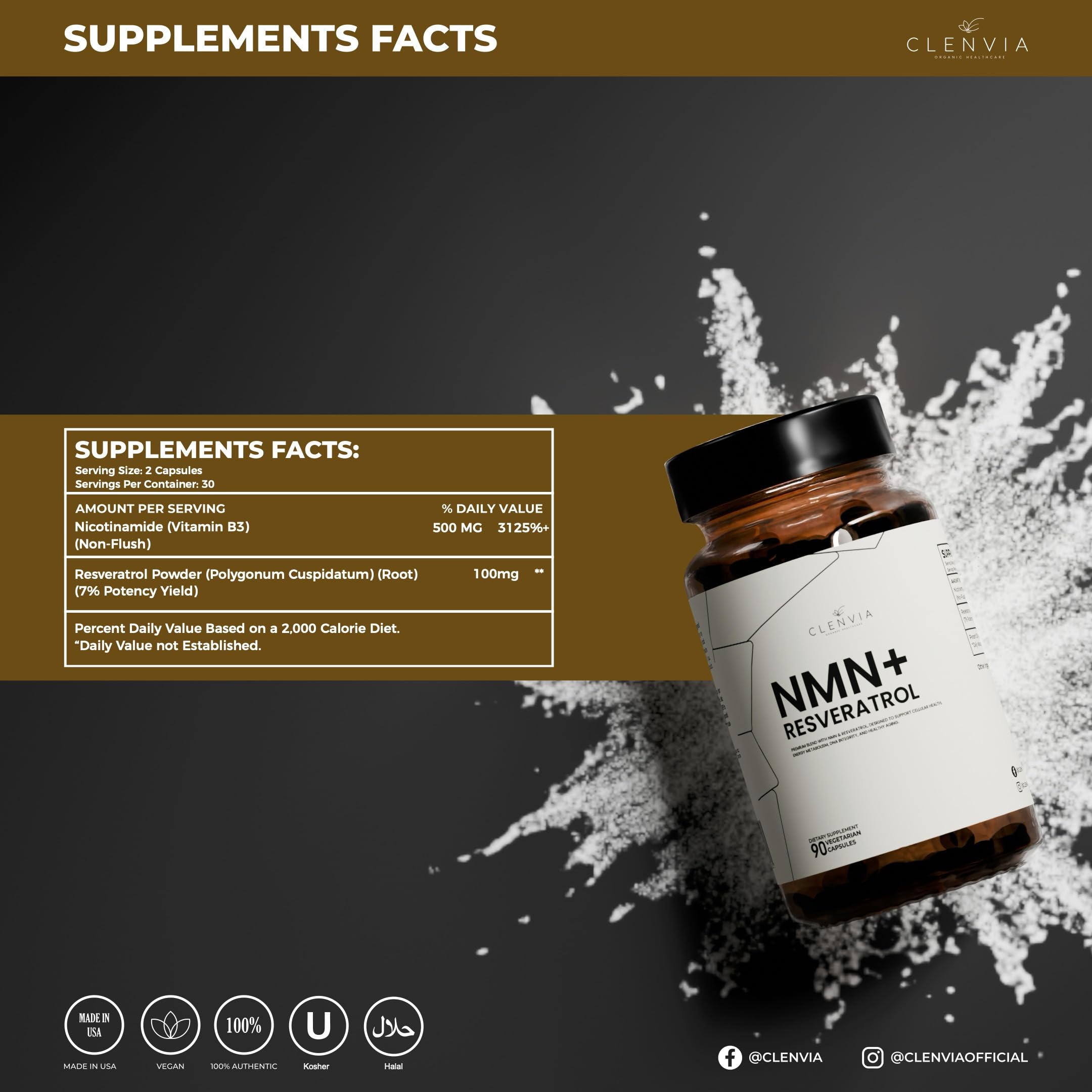 CLENVIA Premium NMN Resveratrol etiqueta frontal que destaca pureza y formulación.