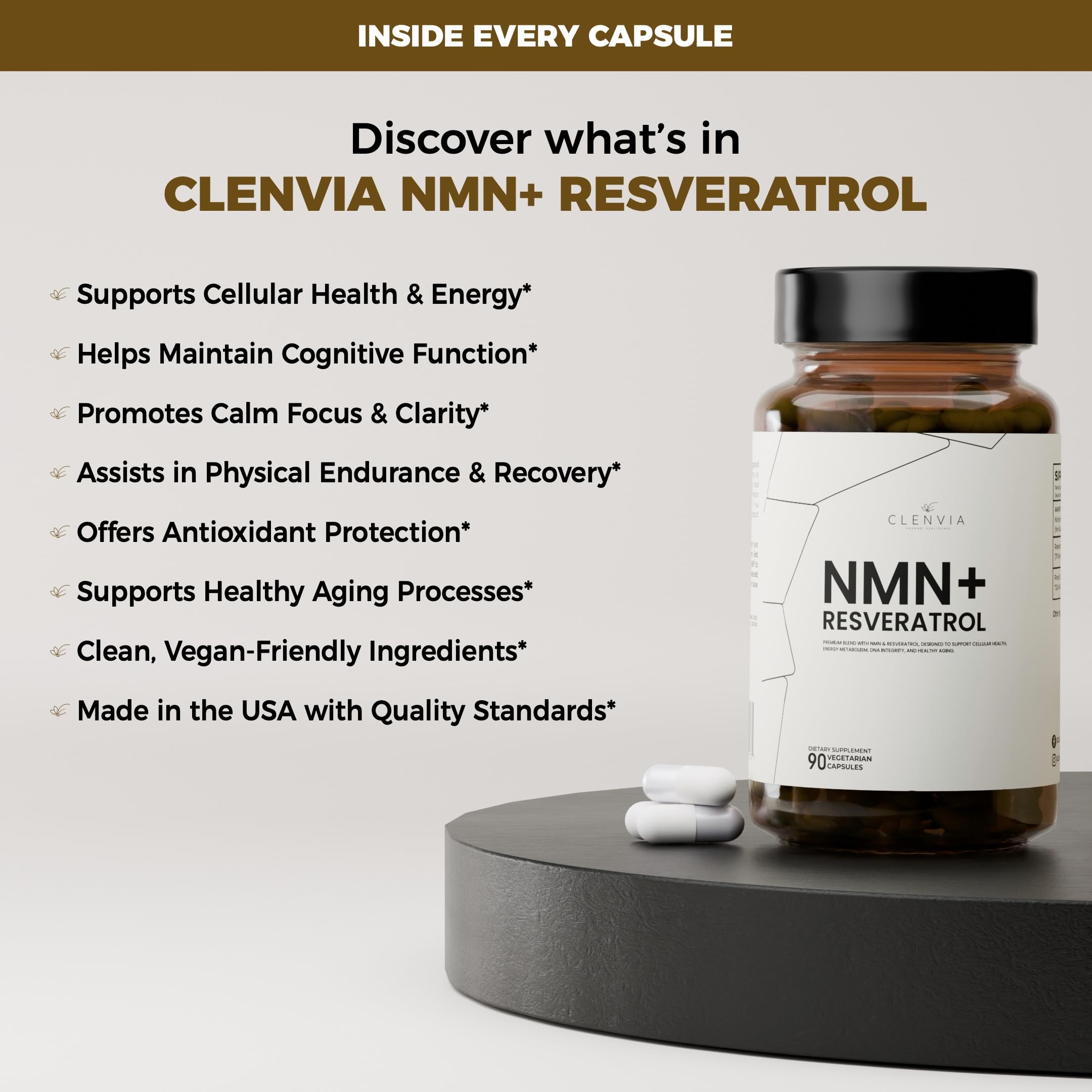 CLENVIA Premium NMN Resveratrol fabricación en EE. UU. con normas cGMP.