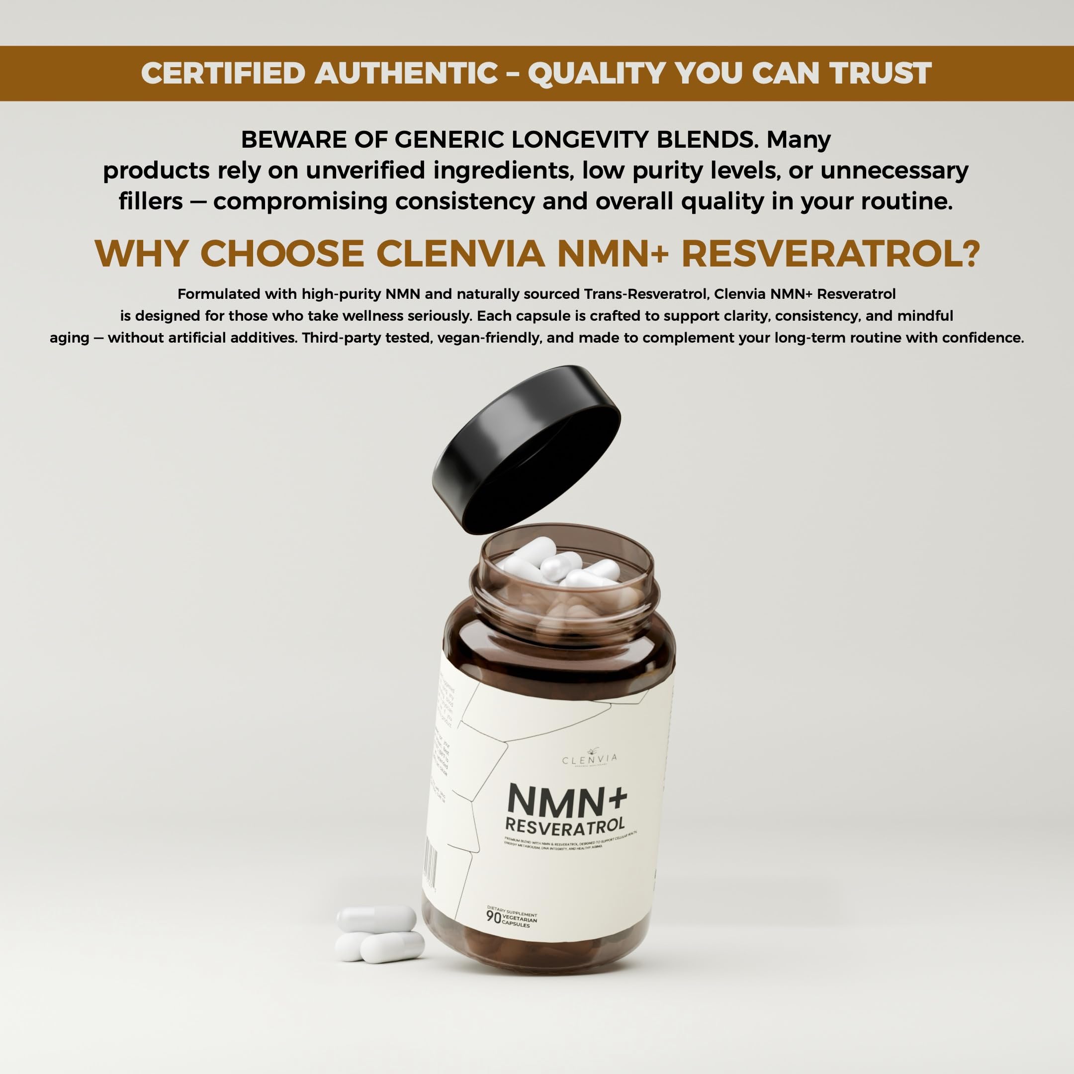 CLENVIA Premium NMN Resveratrol pruebas de terceros para calidad y trazabilidad.