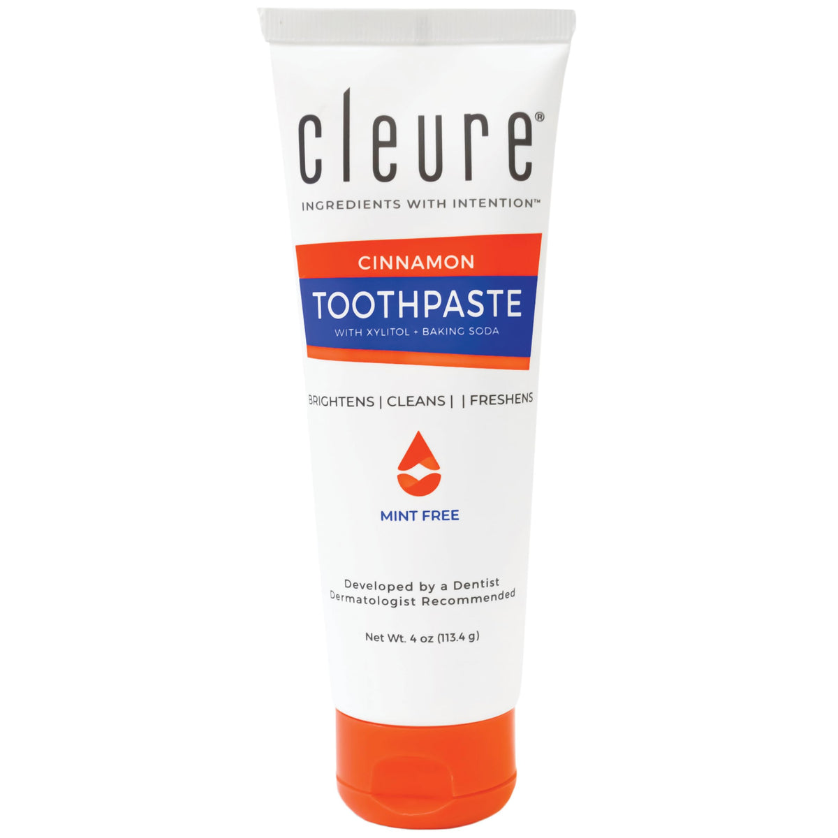 Pasta Cleure canela frente al tubo: limpieza suave para dientes sensibles