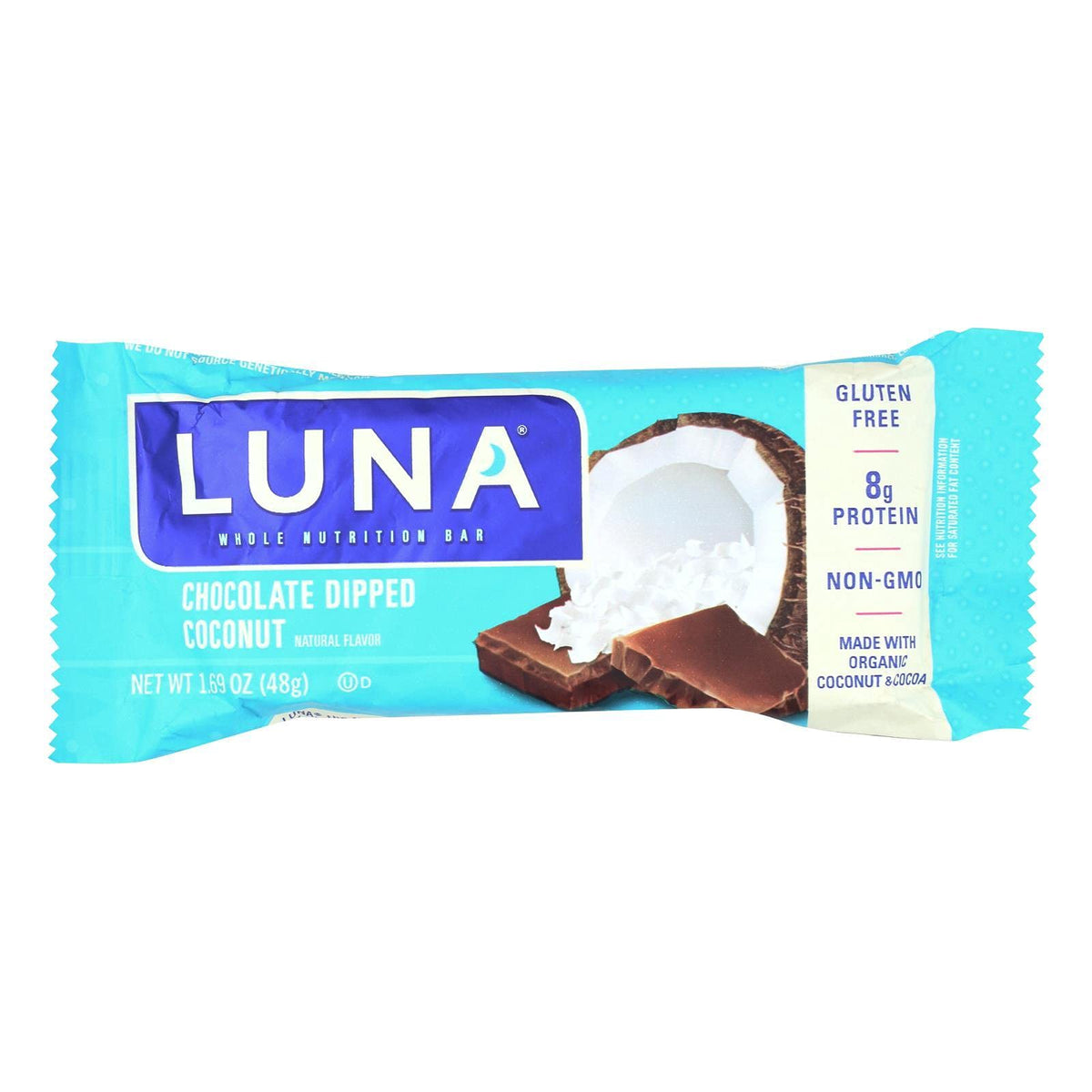 Barra CLIF Luna Coco chocolate bañada, empaque práctico para llevar