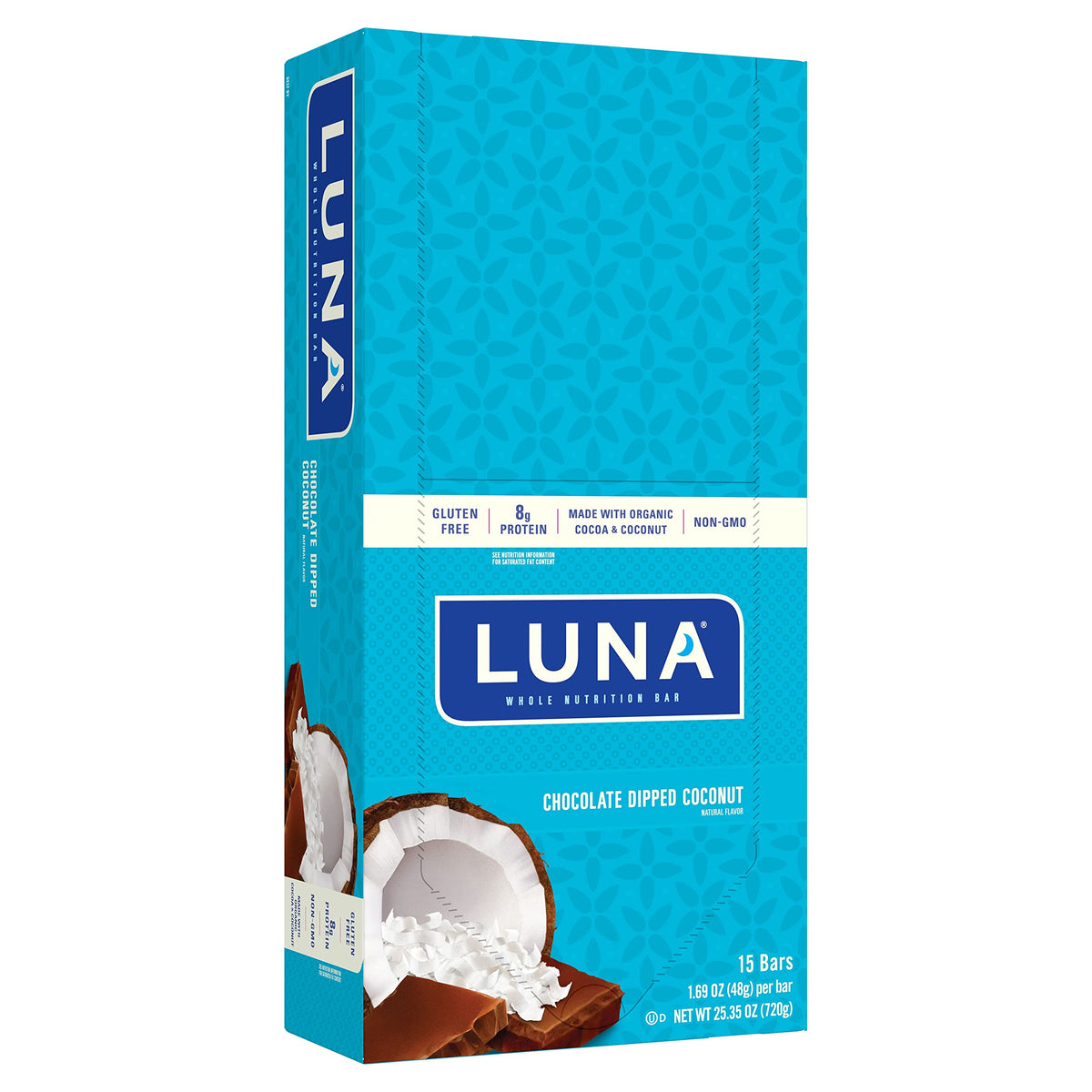 LUNA Bar coco cubierto de chocolate, snack sin gluten para energía entre comidas.