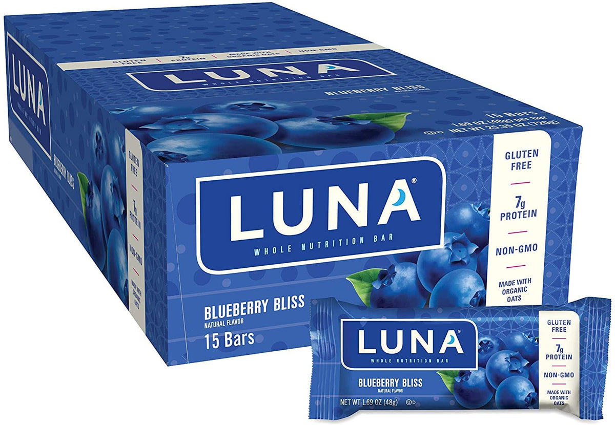 CLIF LUNA Blueberry Bliss, barra en empaque lista para snack rápido y sin gluten.