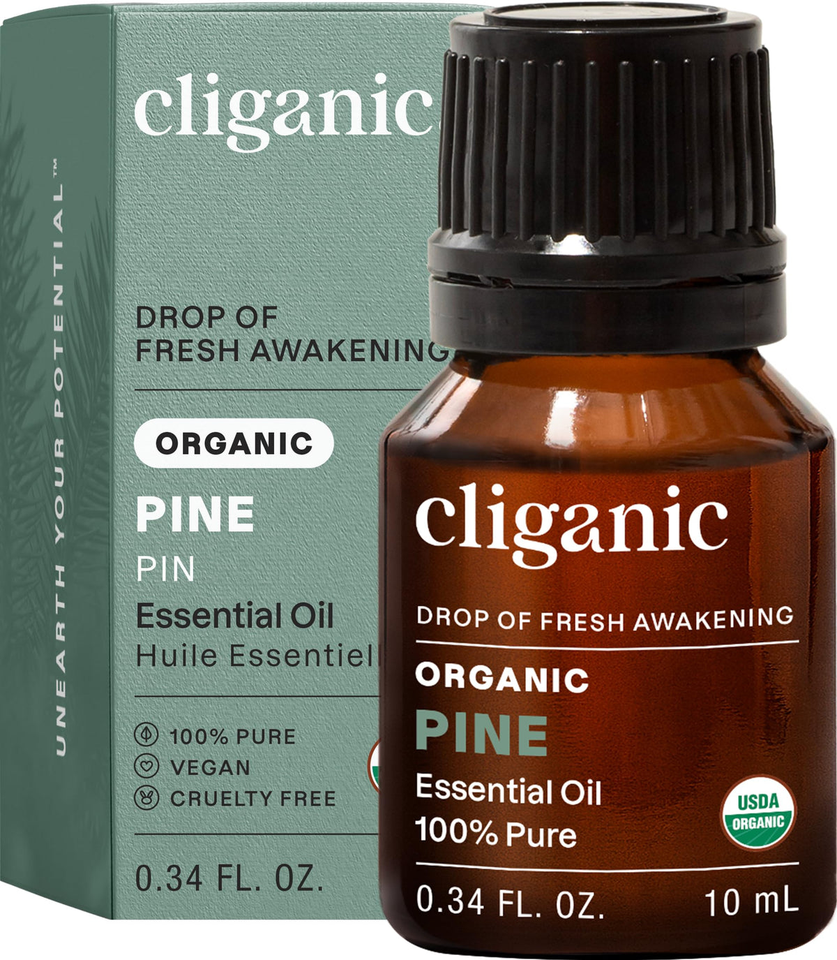 Cliganic Aceite Esencial de Pino en envase de vidrio para aromaterapia suave.