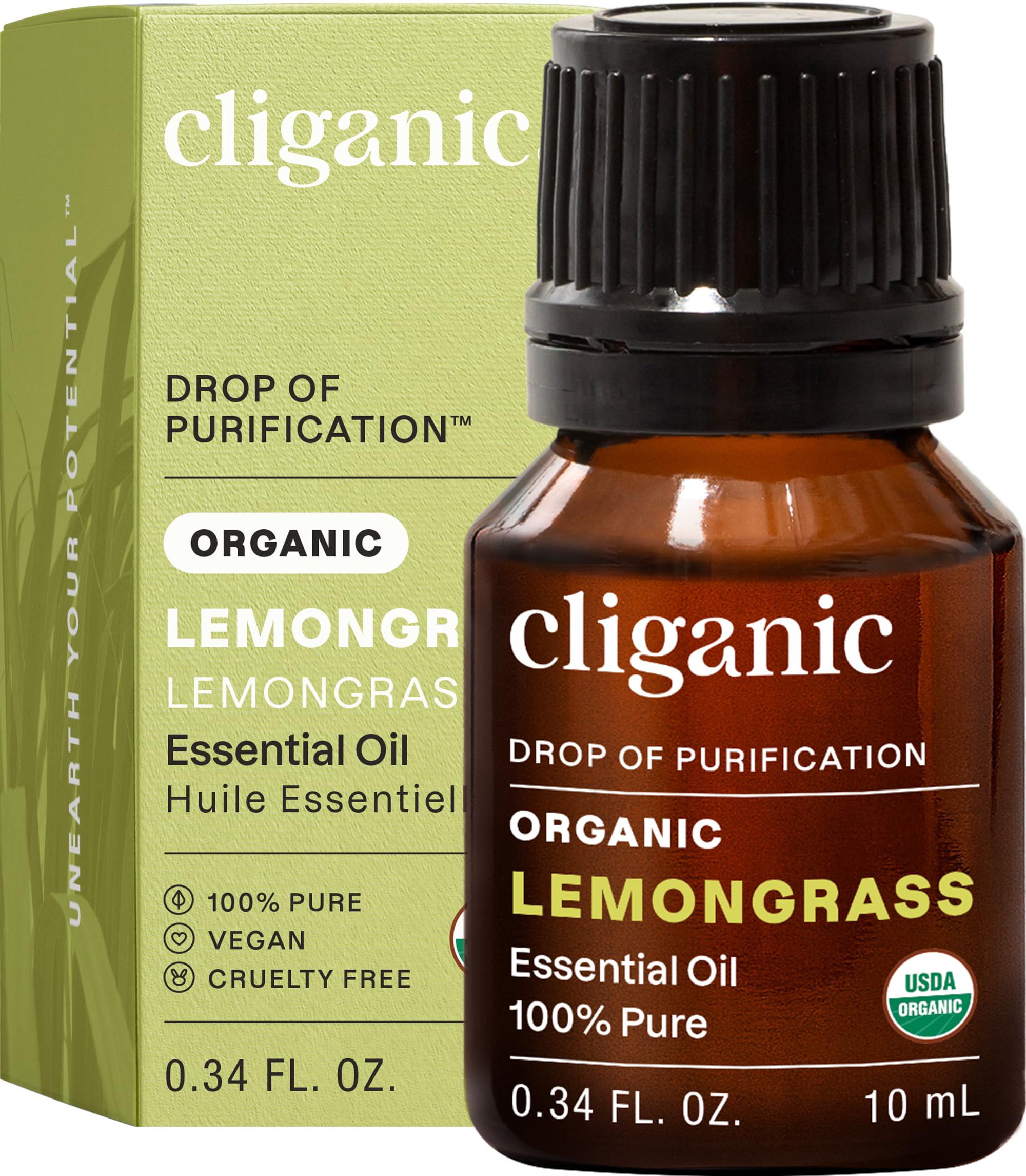 Cliganic Aceite esencial hierba de limón, botella, aroma cítrico para ambientar espacios.