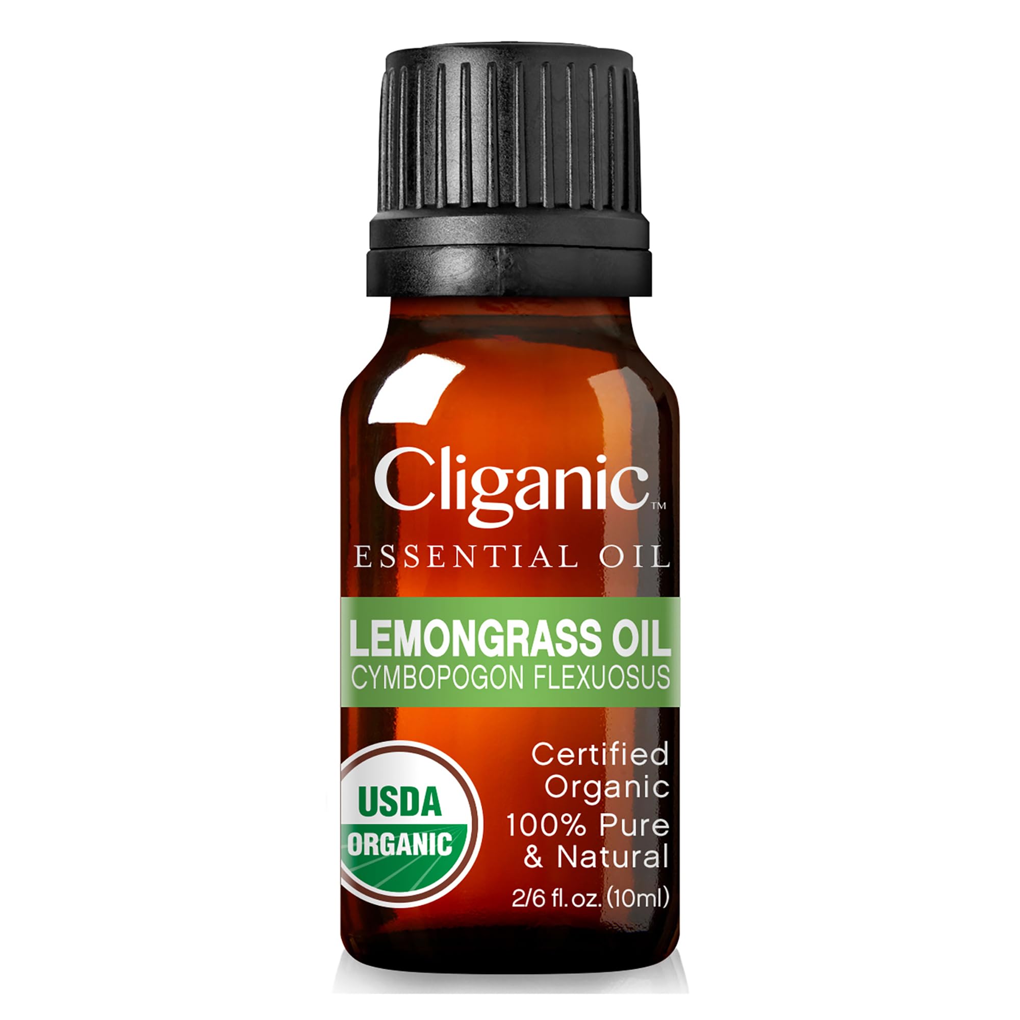 Cliganic Aceite esencial hierba de limón, etiqueta que indica orgánico y pureza.