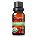 Cliganic Aceite esencial hierba de limón, etiqueta que indica orgánico y pureza.