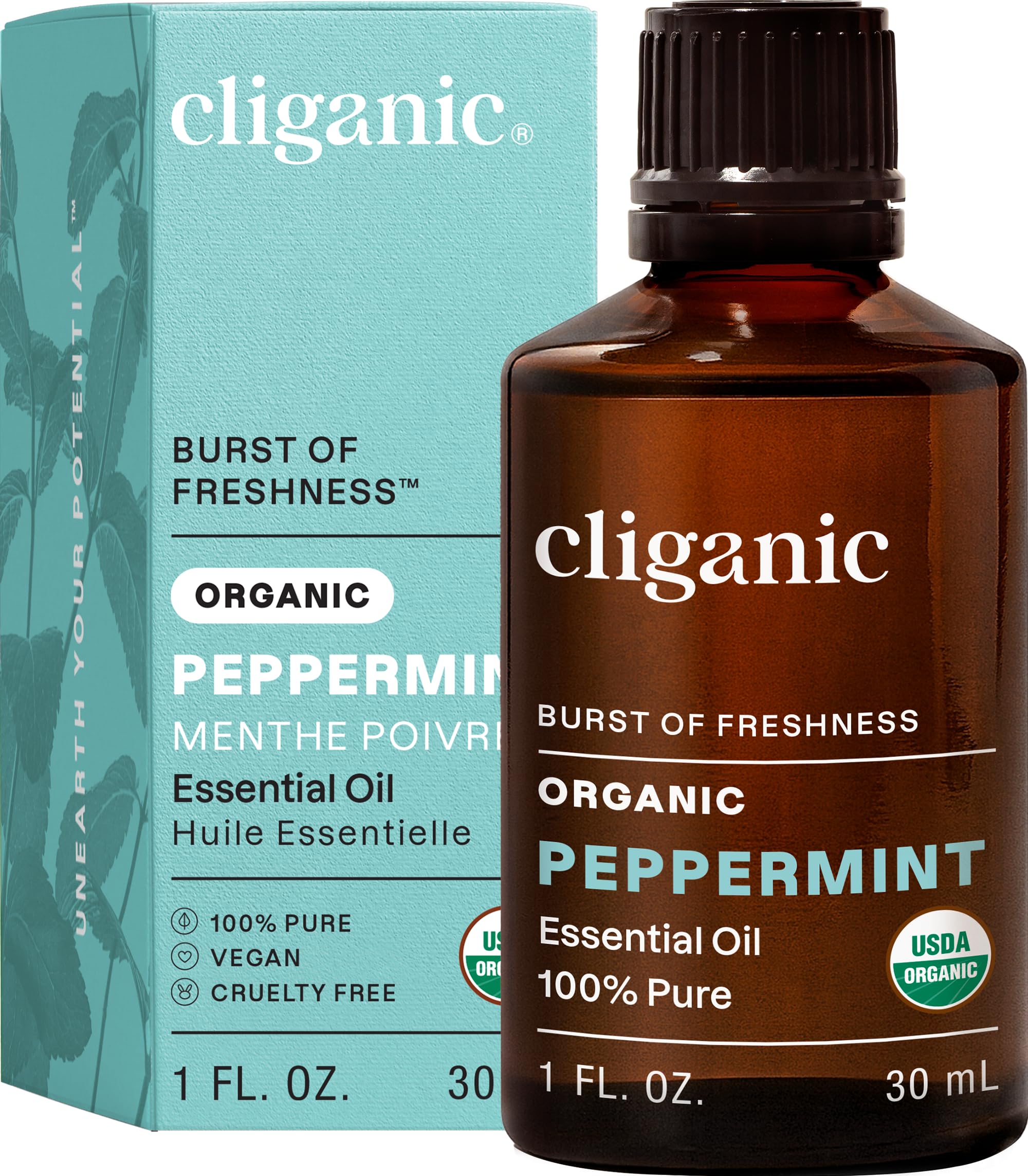 Cliganic Aceite esencial de menta orgánico 30 ml en botella, aroma vigorizante para aromaterapia.