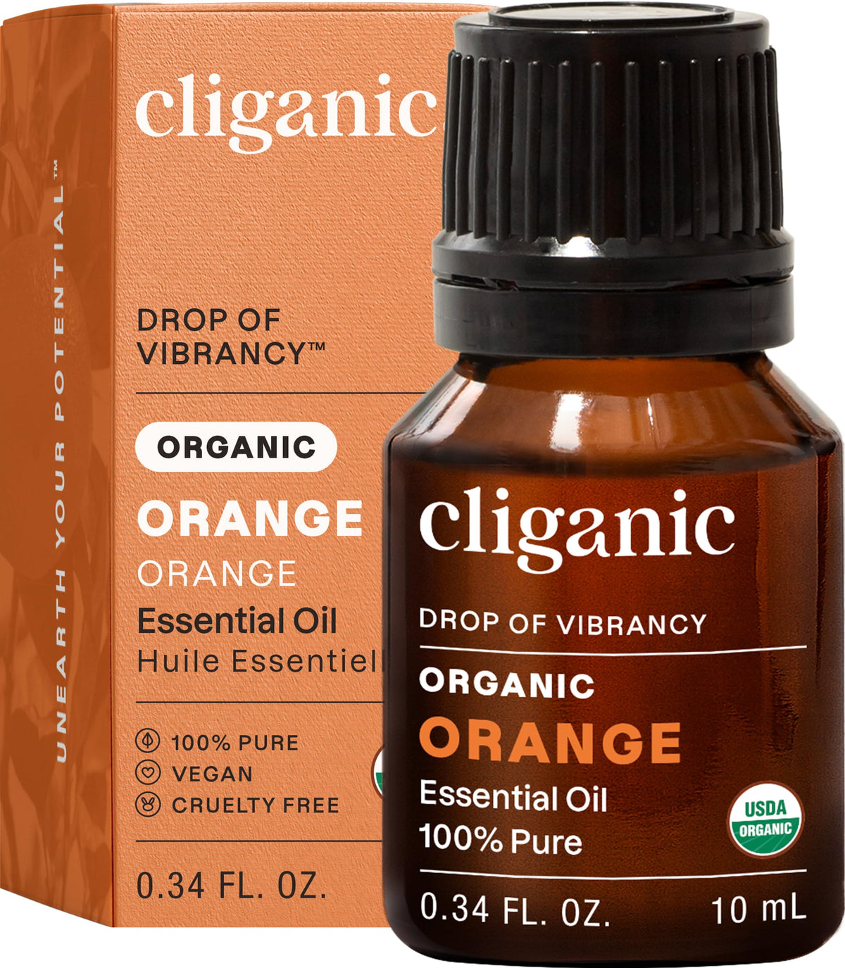 Cliganic Aceite Naranja Orgánico 10ml frasco de vidrio para aroma cítrico en casa.