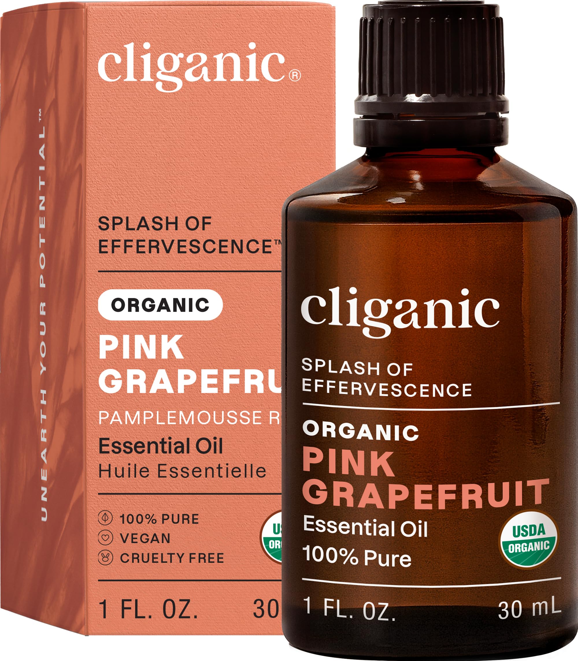 Cliganic Aceite Pomelo Rosa en botella para aromaterapia y ambientación fresca