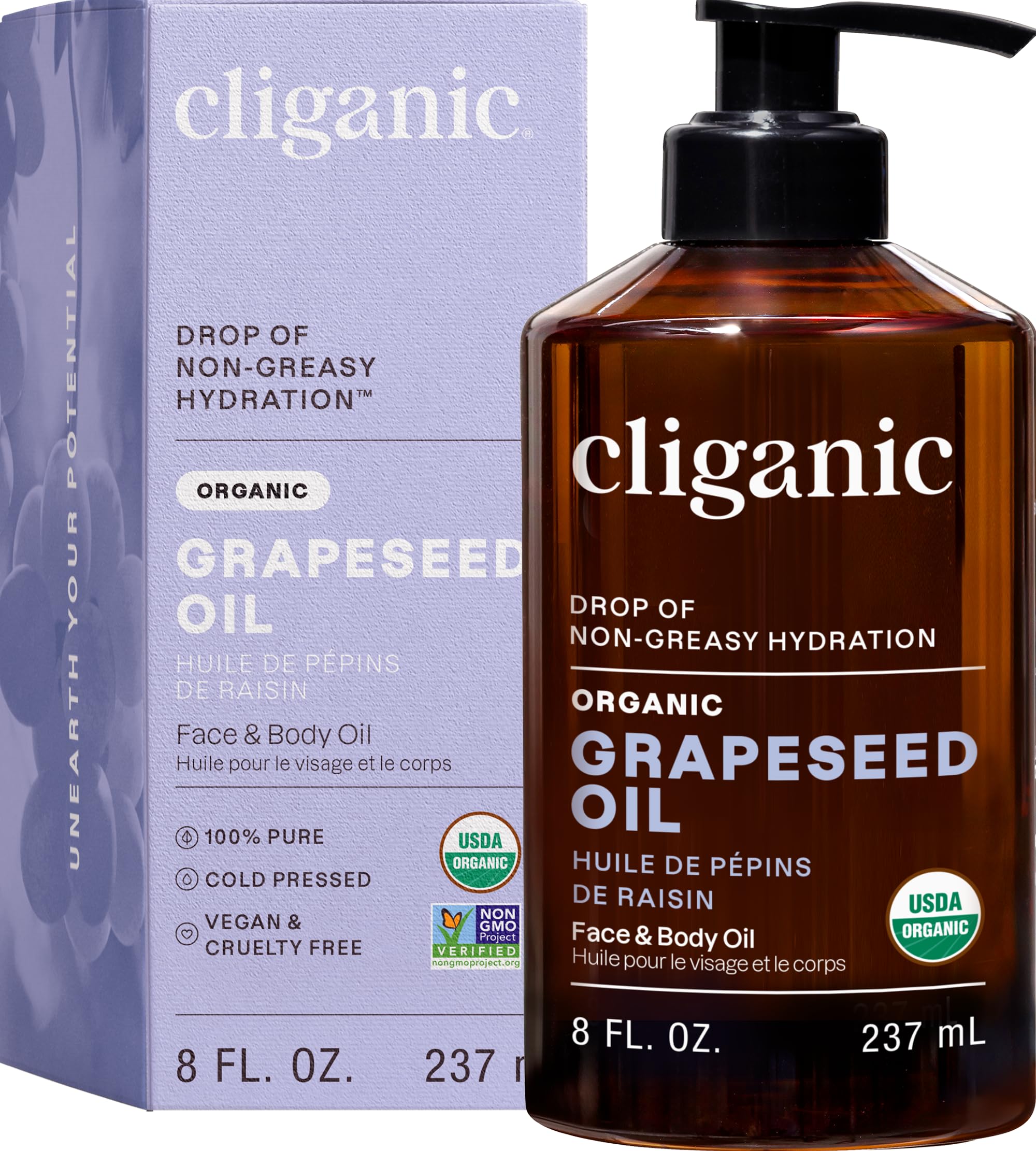 Cliganic Aceite de Semilla de Uva, bote prensado en frío para cuidado diario de la piel.