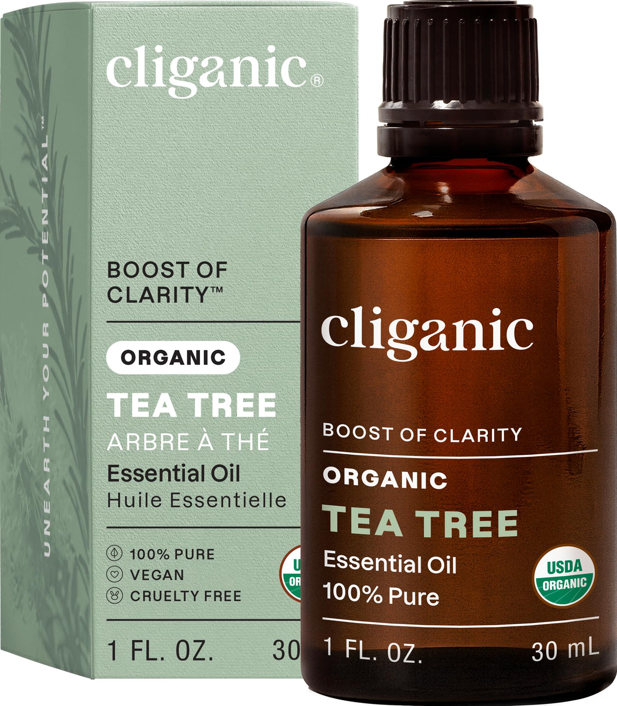 Cliganic árbol de té, botella de aceite con aroma refrescante para momentos calmantes.