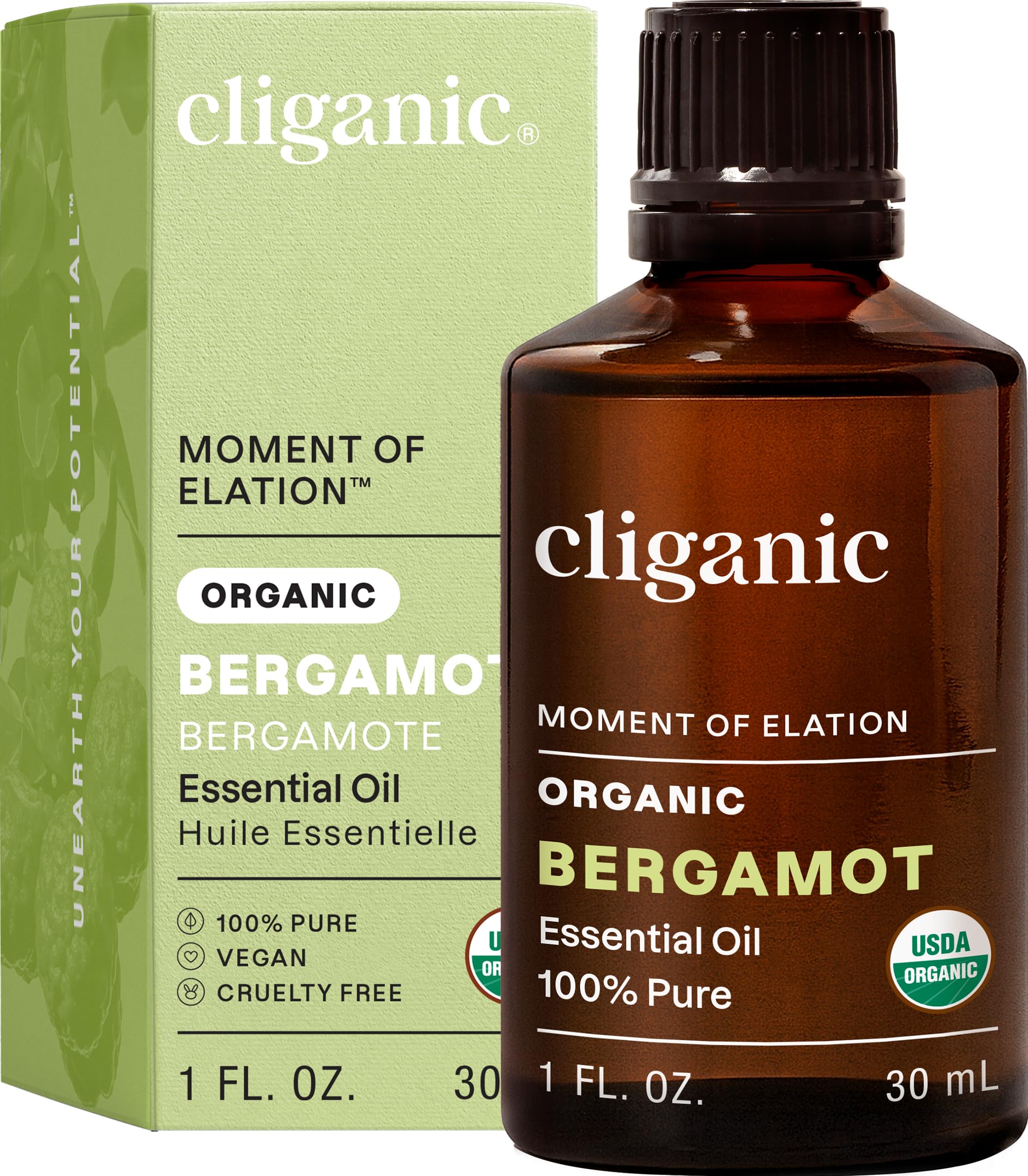 Cliganic Bergamot: botella de aceite para aromaterapia que crea ambiente relajante.