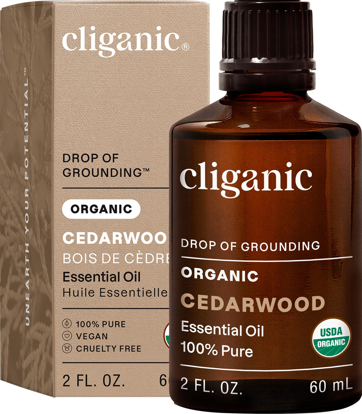 Cliganic cedro orgánico, botella, aroma suave para difusor y ambiente relajante.