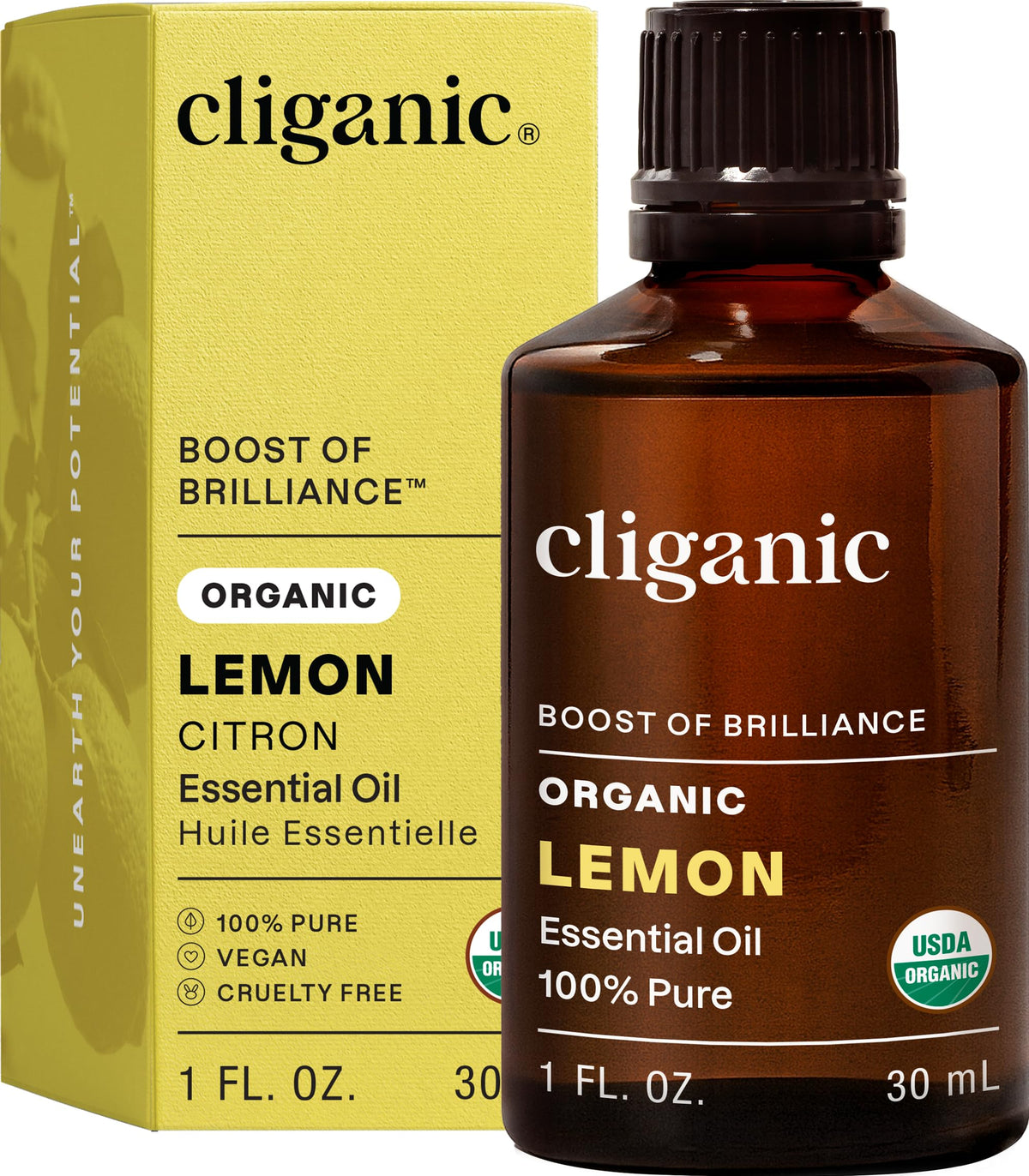 Cliganic limón aceite esencial 1oz: frasco puro para aromaterapia y bienestar.