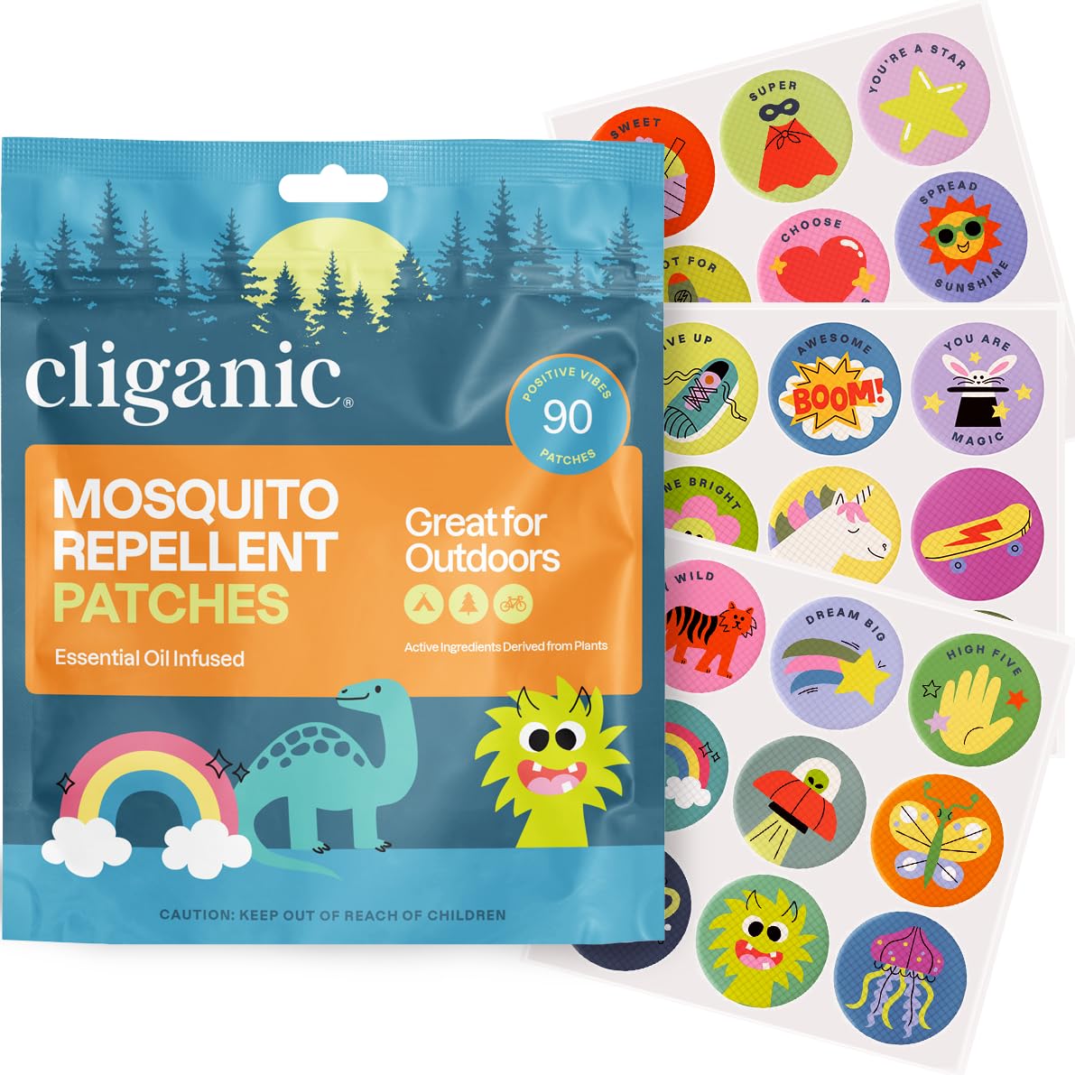 Parche repelente de mosquitos Cliganic con diseños positivos para niños.