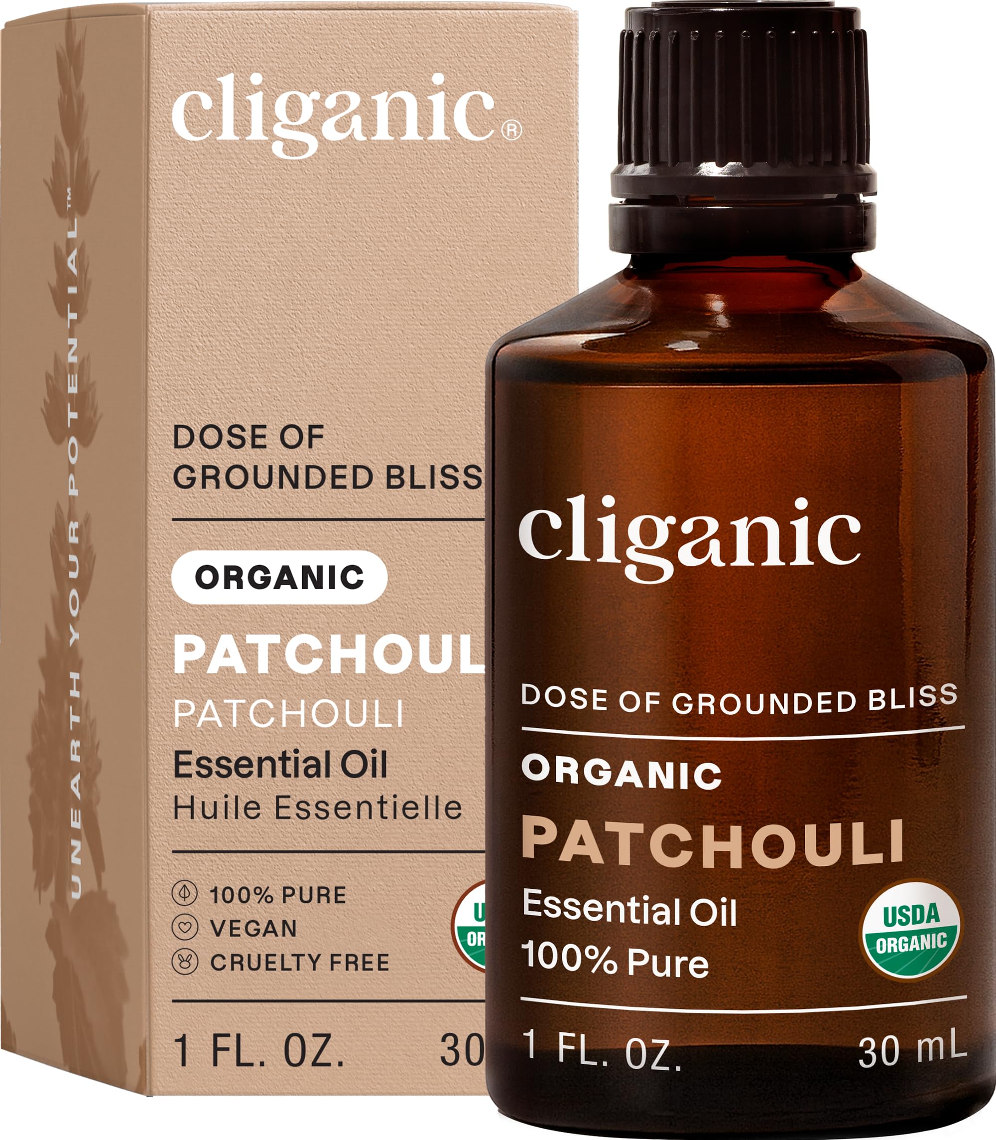 Cliganic Patchouli, aceite orgánico 100% puro para aromaterapia y bienestar emocional.