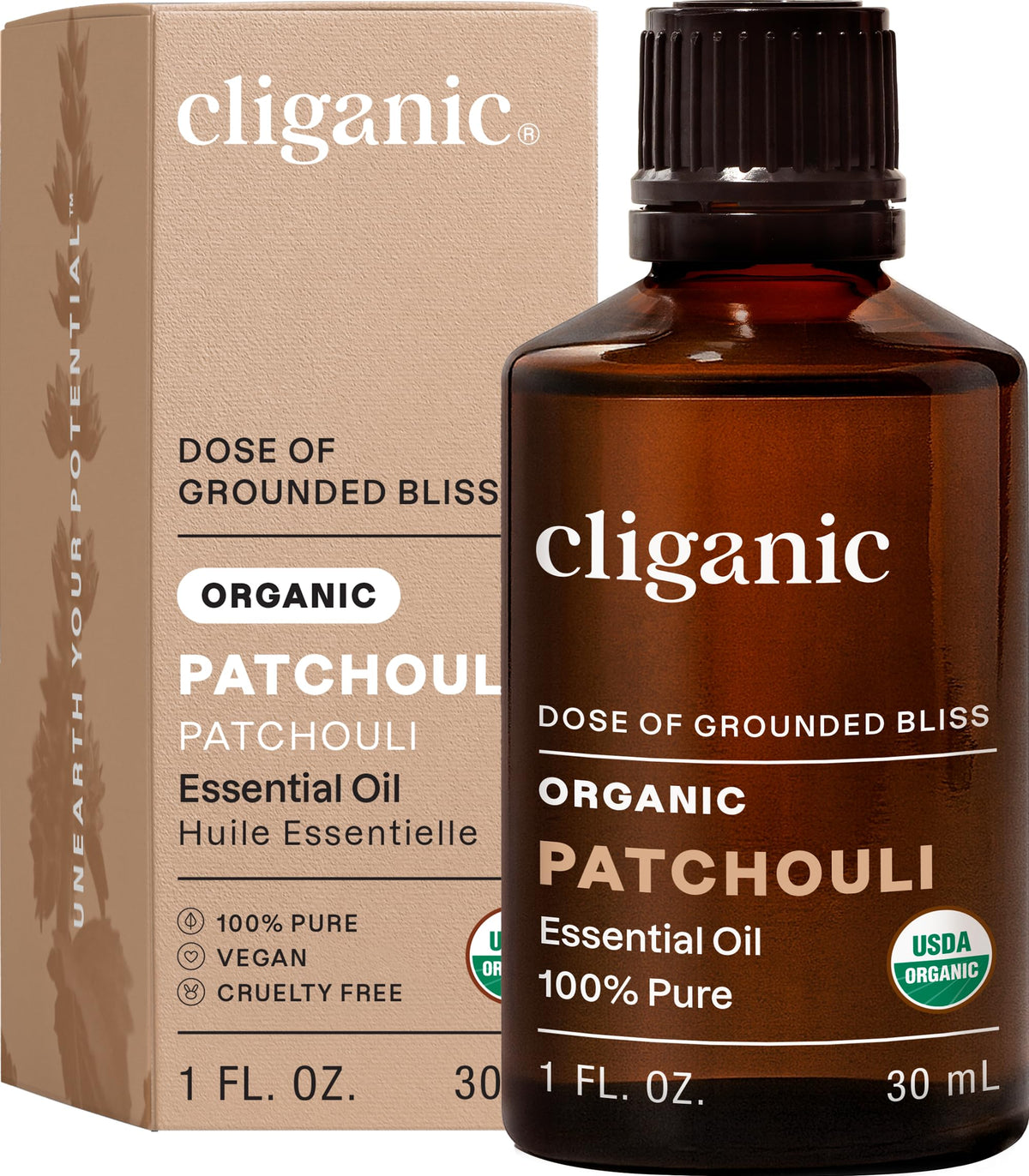 Cliganic Patchouli, aceite orgánico 100% puro para aromaterapia y bienestar emocional.