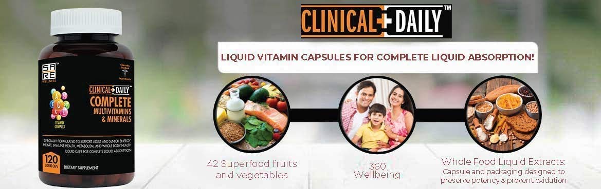 Clinical Daily botella visible, etiqueta frontal, resalta mezcla de 42 frutas y verduras