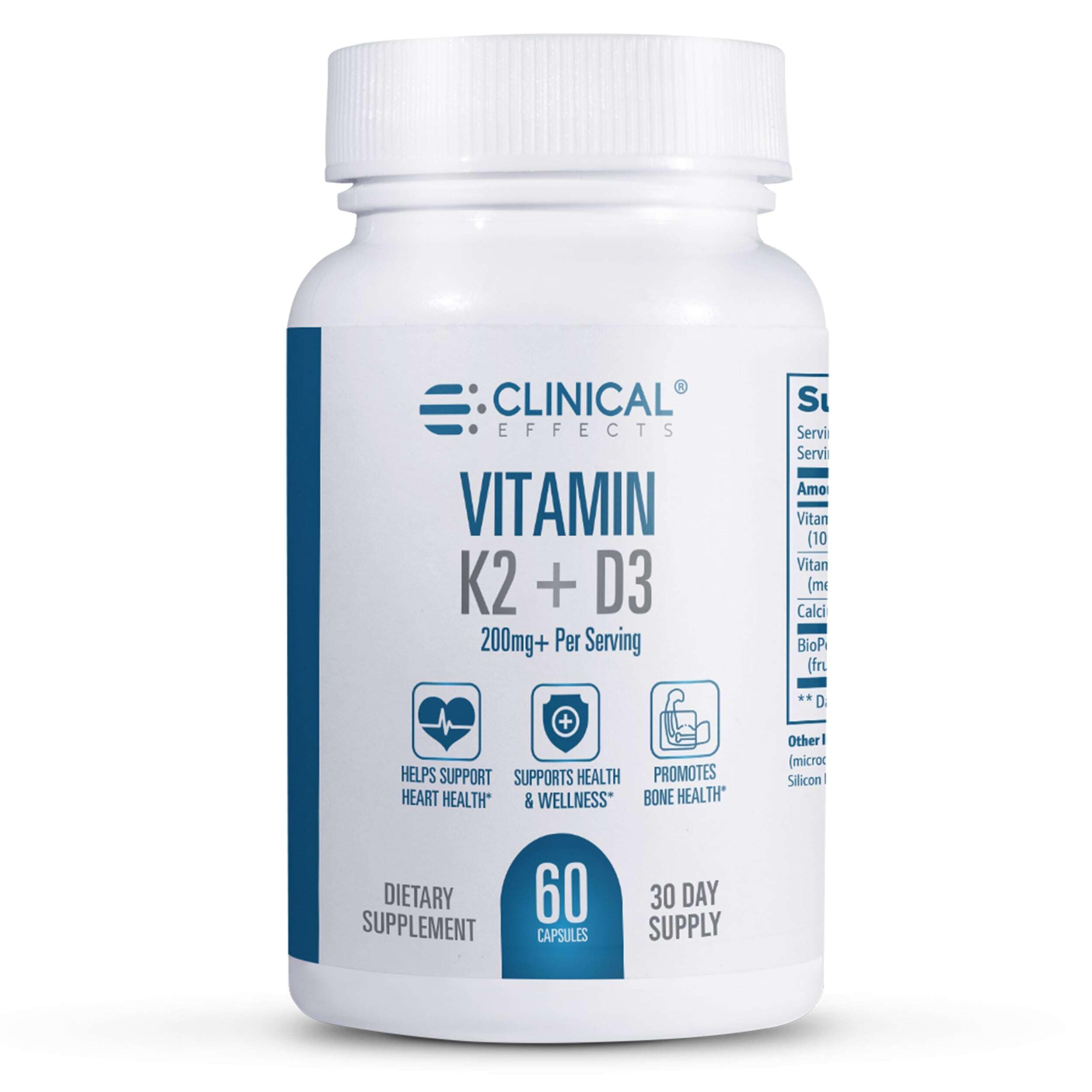 Clinical Effects Vitamina K2 + D3: botella volcada, apoyo a la salud ósea