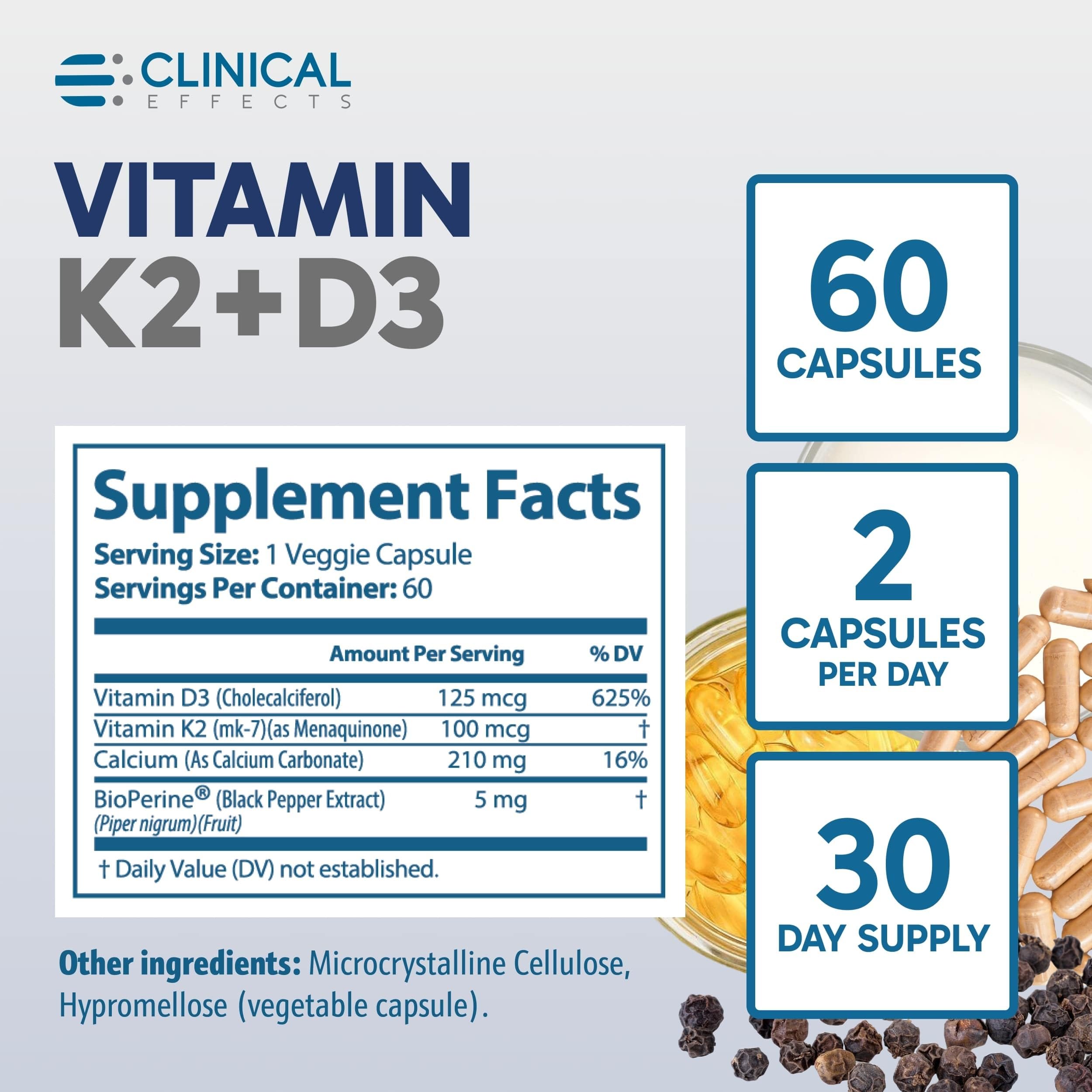 Clinical Effects Vitamina K2 + D3: interior del frasco con cápsulas de alta absorción