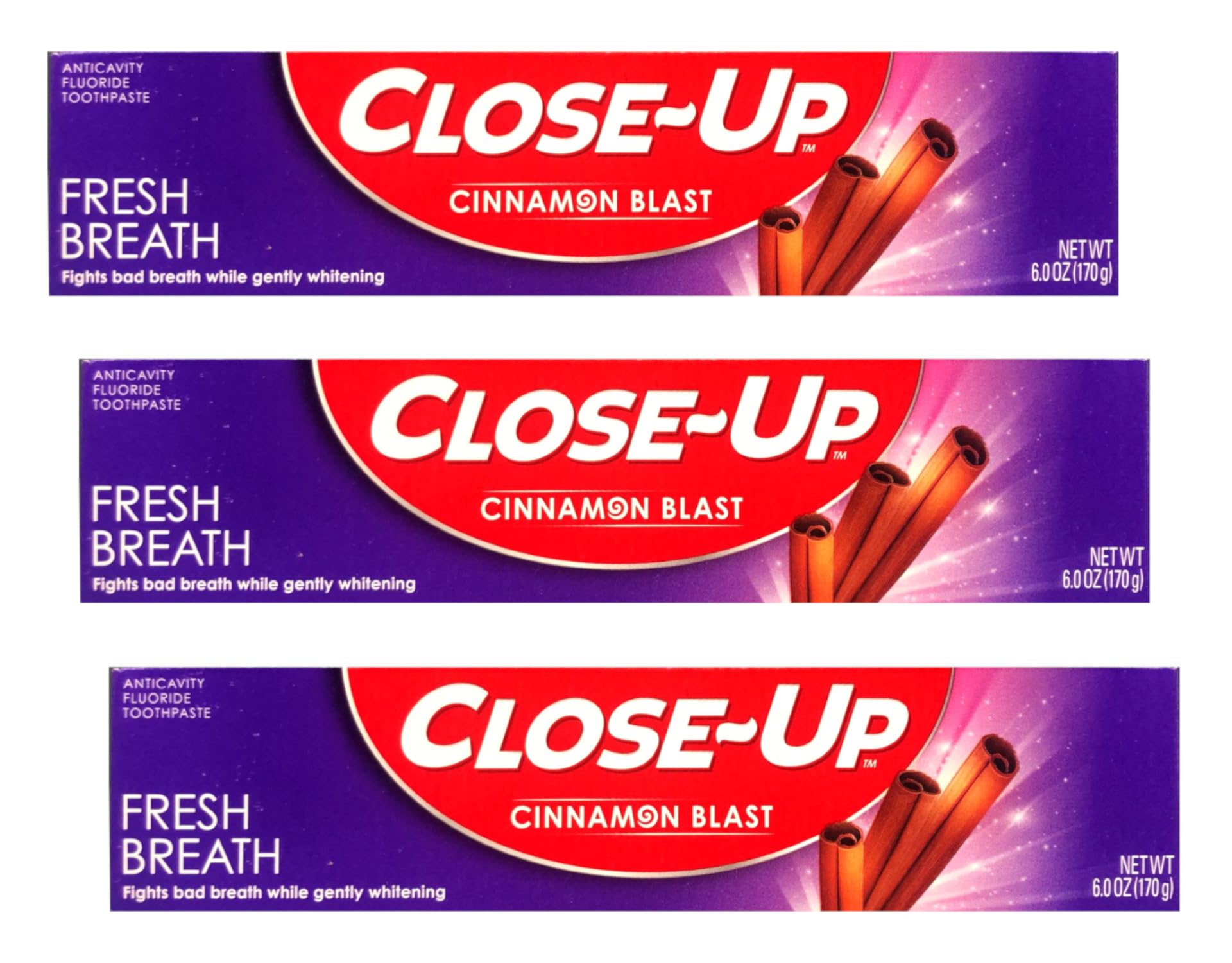 Close-Up canela pasta dental pack3 6oz: sabor intenso y frescura duradera.