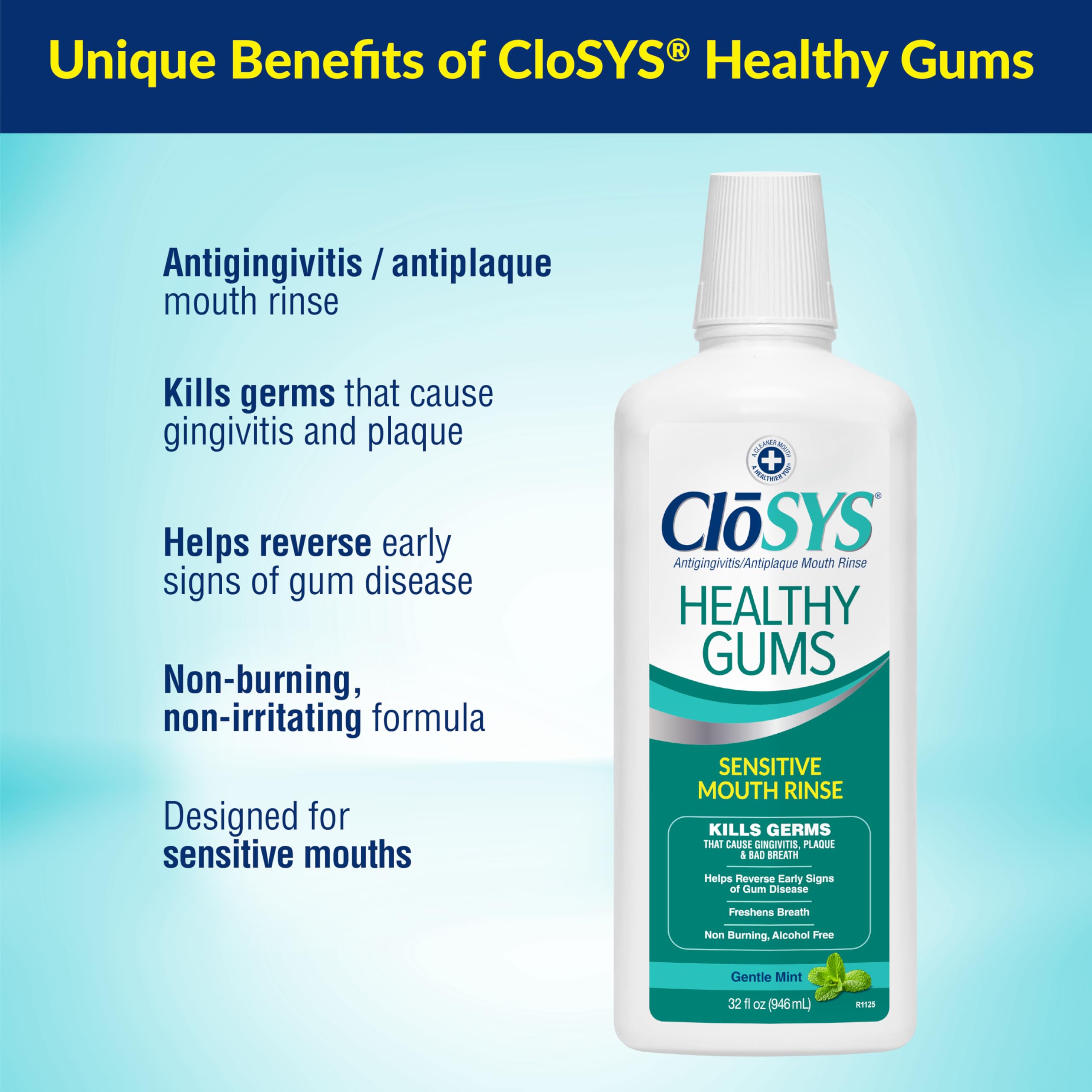 CloSYS: etiqueta del producto que destaca fórmula sin alcohol y sin irritación.