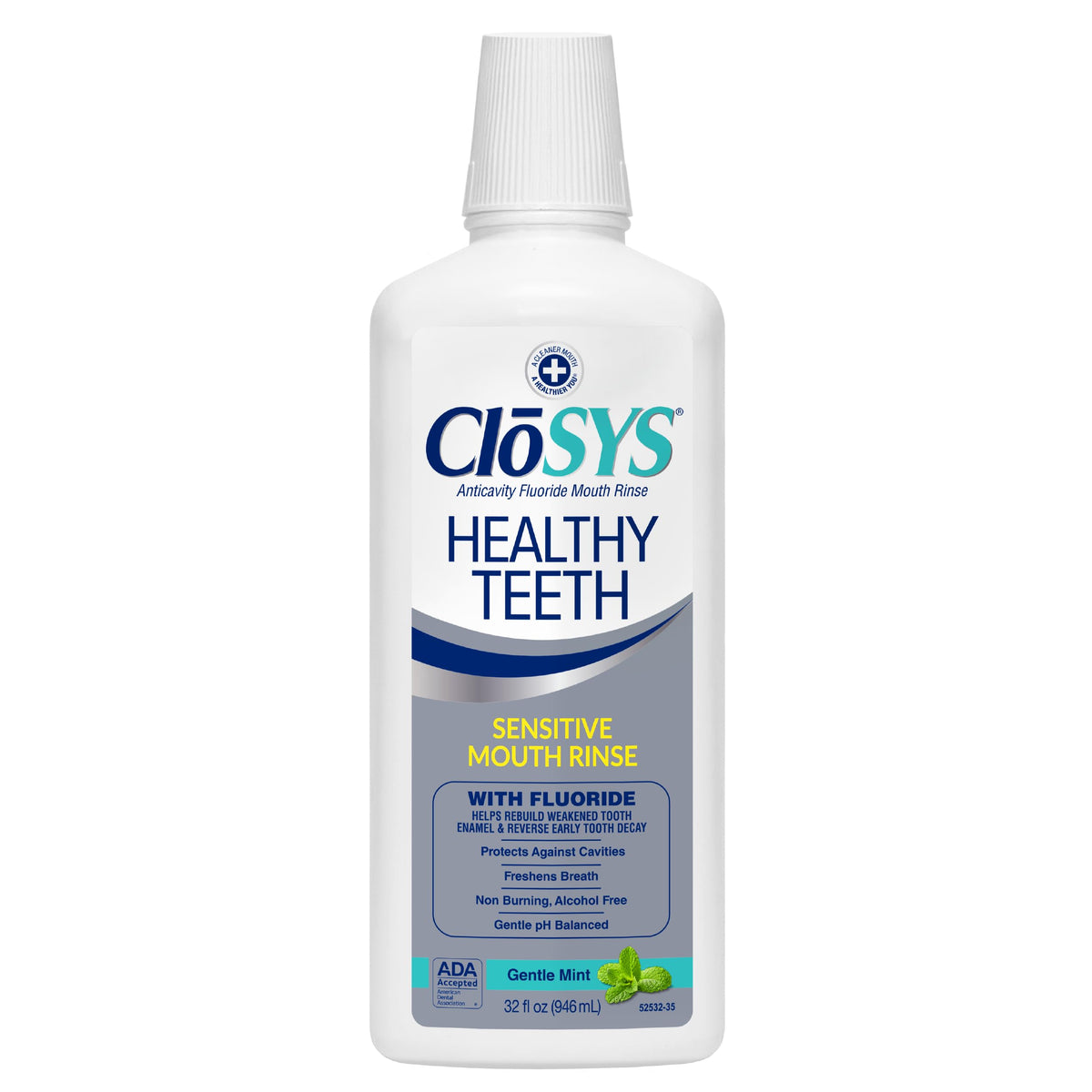 CloSYS Silver, botella de enjuague dental, ideal para uso nocturno suave.
