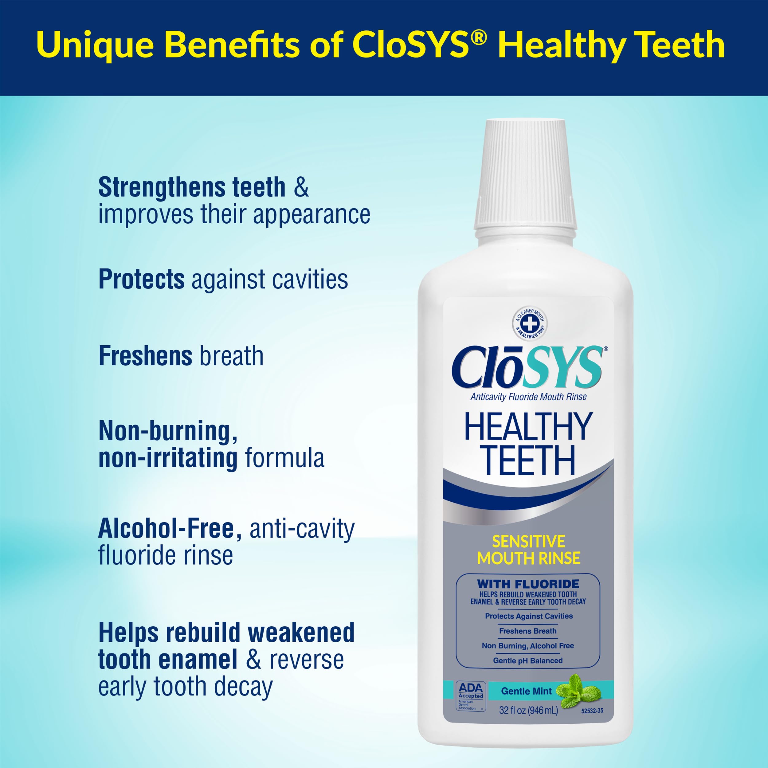 CloSYS Silver enjuague sin alcohol cuida dientes sensibles.