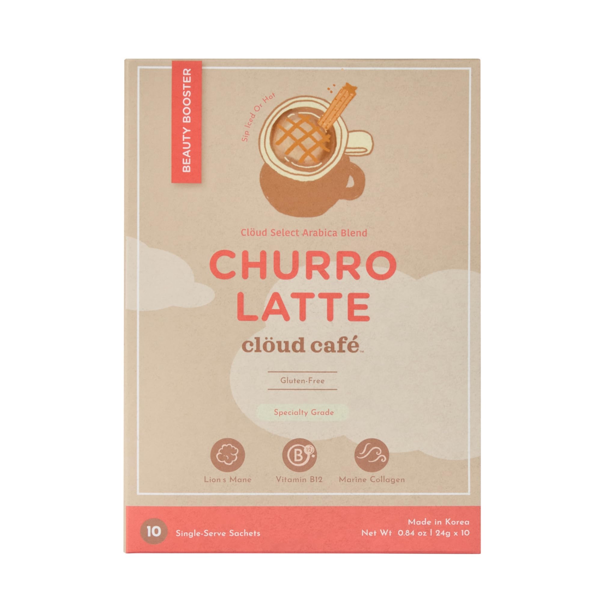 Clöud Café sobres churro latte con colágeno, listo para disfrutar.
